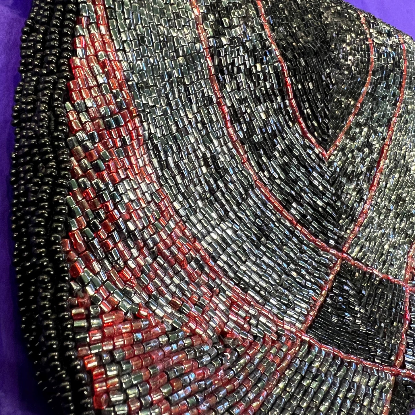 Vintage 1970/80s Art Deco Style Beaded Clutch Bag, Red sSilver and Black Lustre Beads