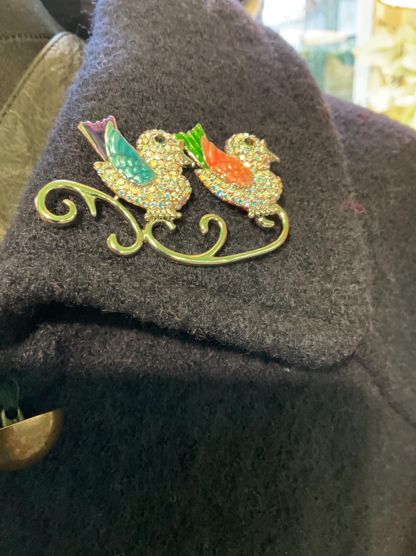 Vintage Butler and Wilson Large Crystal and Enamel Lovebirds Brooch, Silver Tone with Lilac Borealis Rhinestones