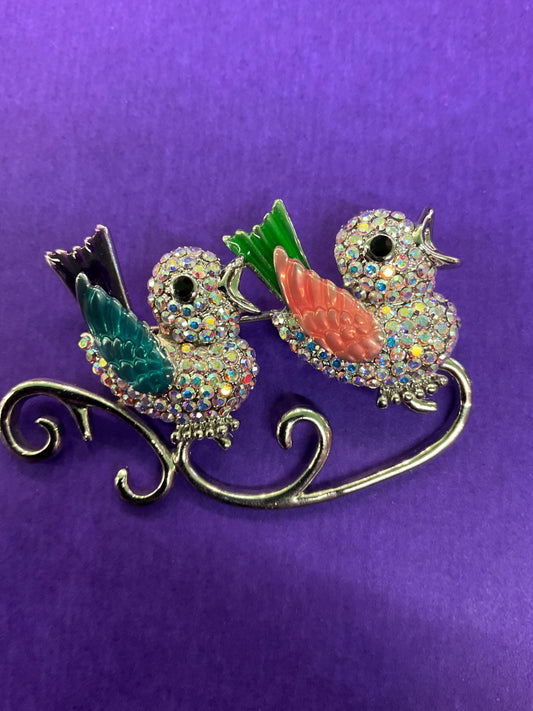 Vintage Butler and Wilson Large Crystal and Enamel Lovebirds Brooch, Silver Tone with Lilac Borealis Rhinestones