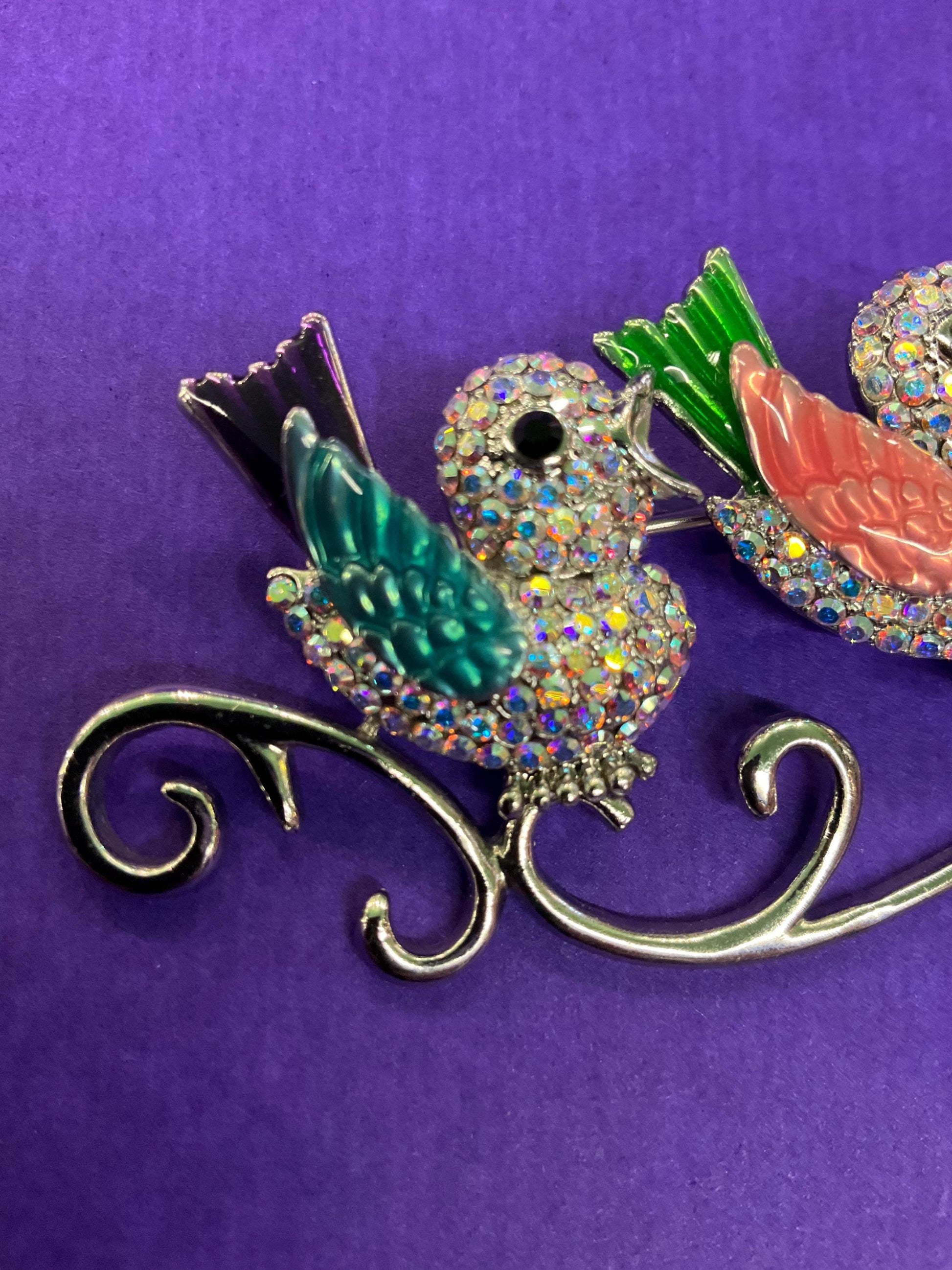 Vintage Butler and Wilson Large Crystal and Enamel Lovebirds Brooch, Silver Tone with Lilac Borealis Rhinestones