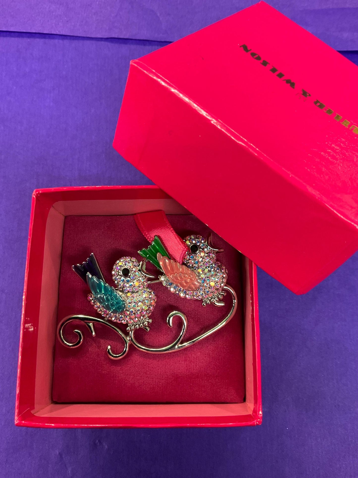 Vintage Butler and Wilson Large Crystal and Enamel Lovebirds Brooch, Silver Tone with Lilac Borealis Rhinestones