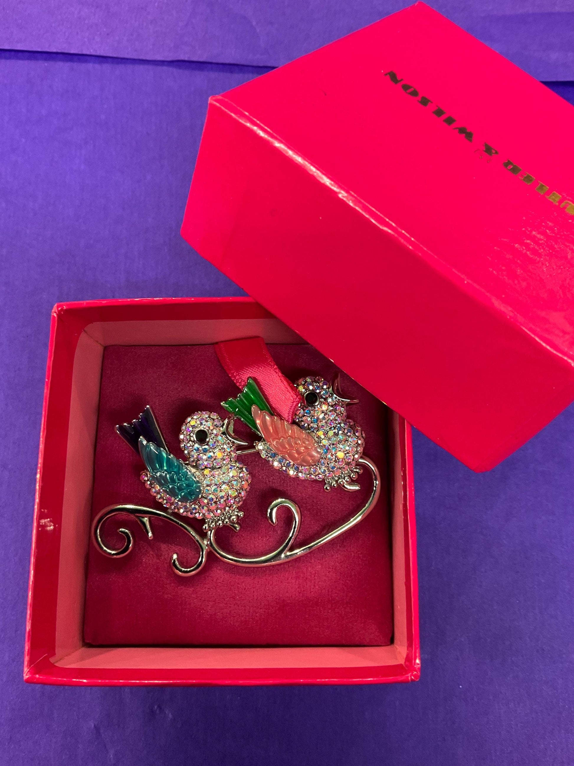 Vintage Butler and Wilson Large Crystal and Enamel Lovebirds Brooch, Silver Tone with Lilac Borealis Rhinestones