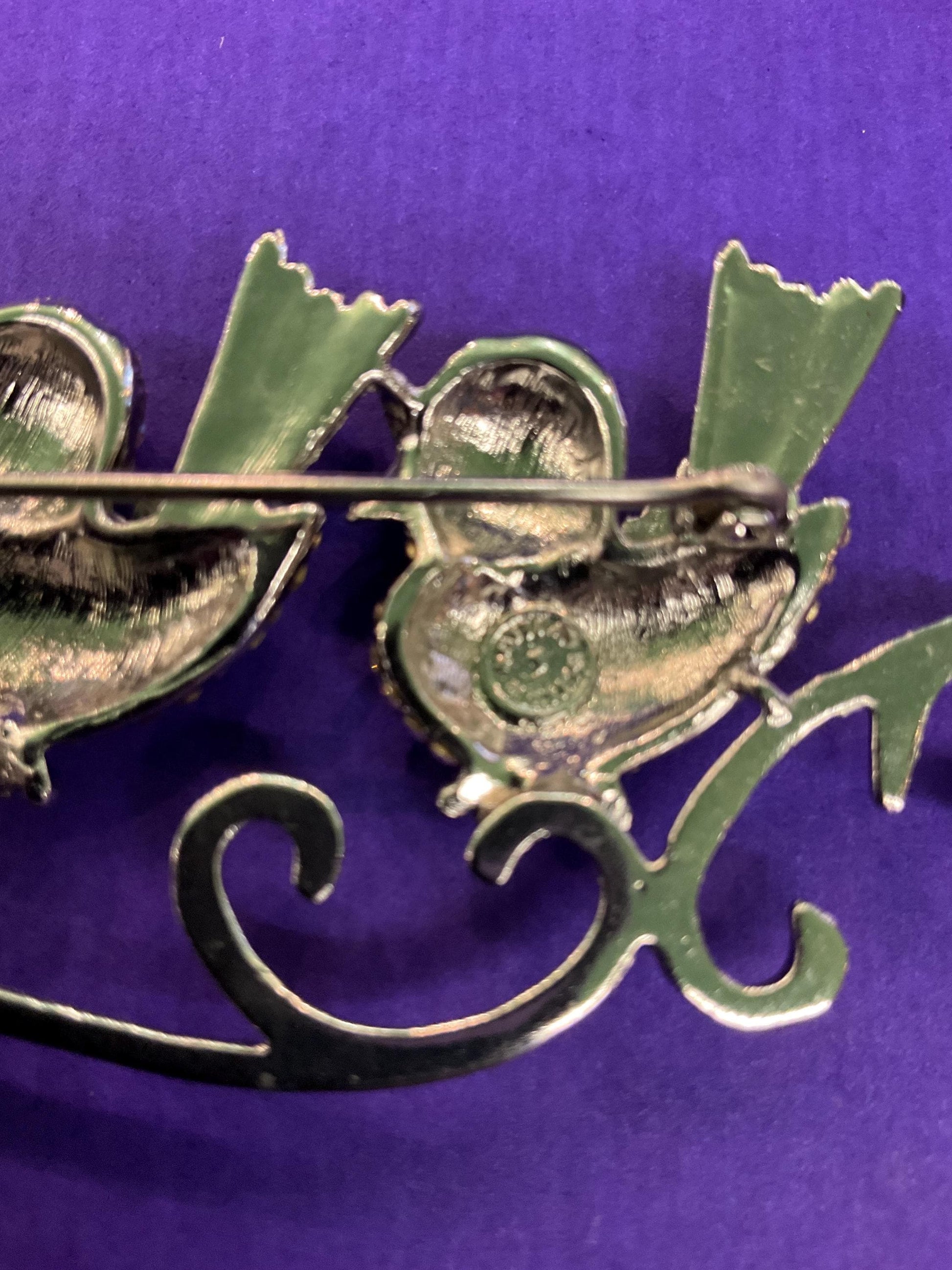 Vintage Butler and Wilson Large Crystal and Enamel Lovebirds Brooch, Silver Tone with Lilac Borealis Rhinestones