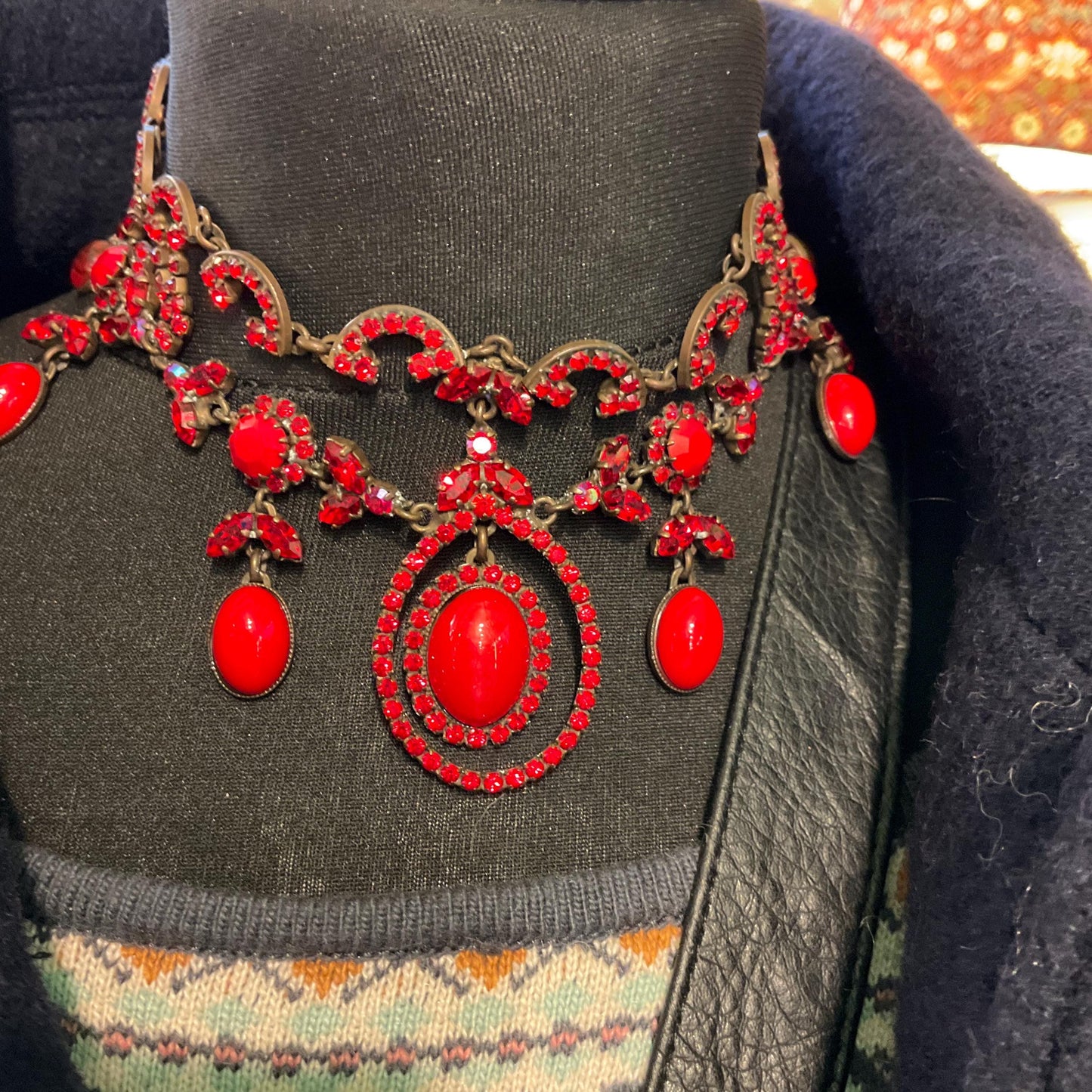 Vintage Butler and Wilson Red Crystal Victorian Style Choker and Long Drop Earring Set