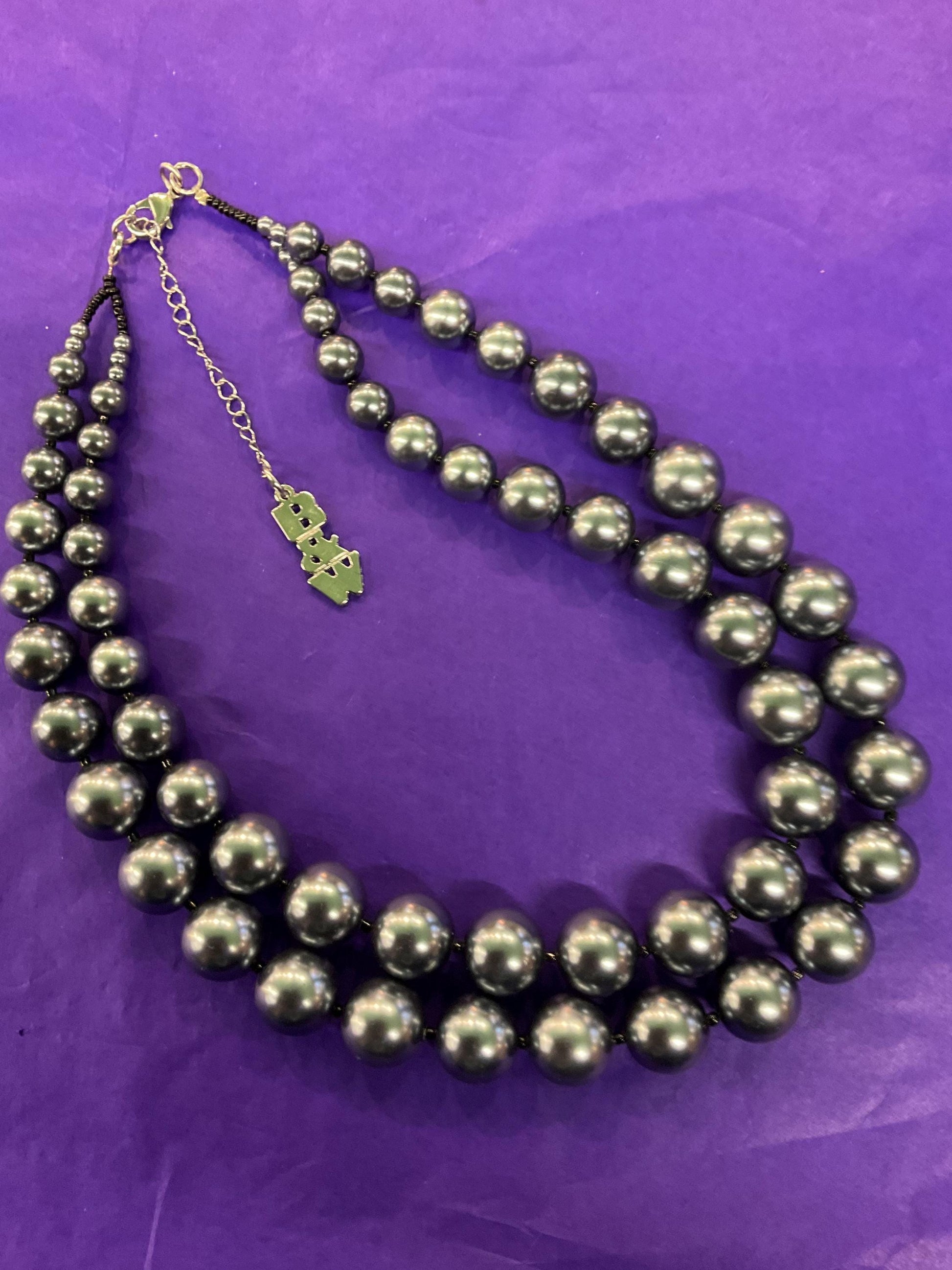 Vintage Butler and Wilson Pewter Statement Faux Pearl Necklace , Twin rows of chunky beads