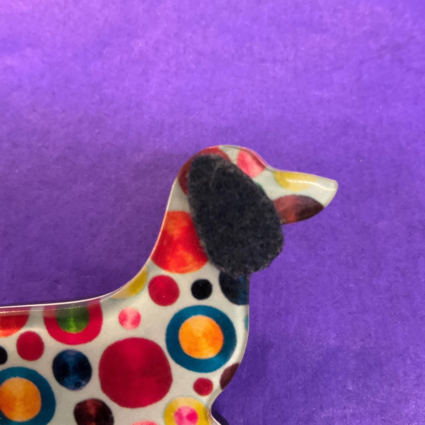 Vintage Art Deco Style Statement Dotty Dashund Brooch, multicoloured ditsy celluloid - Sustainable Fashion Gift