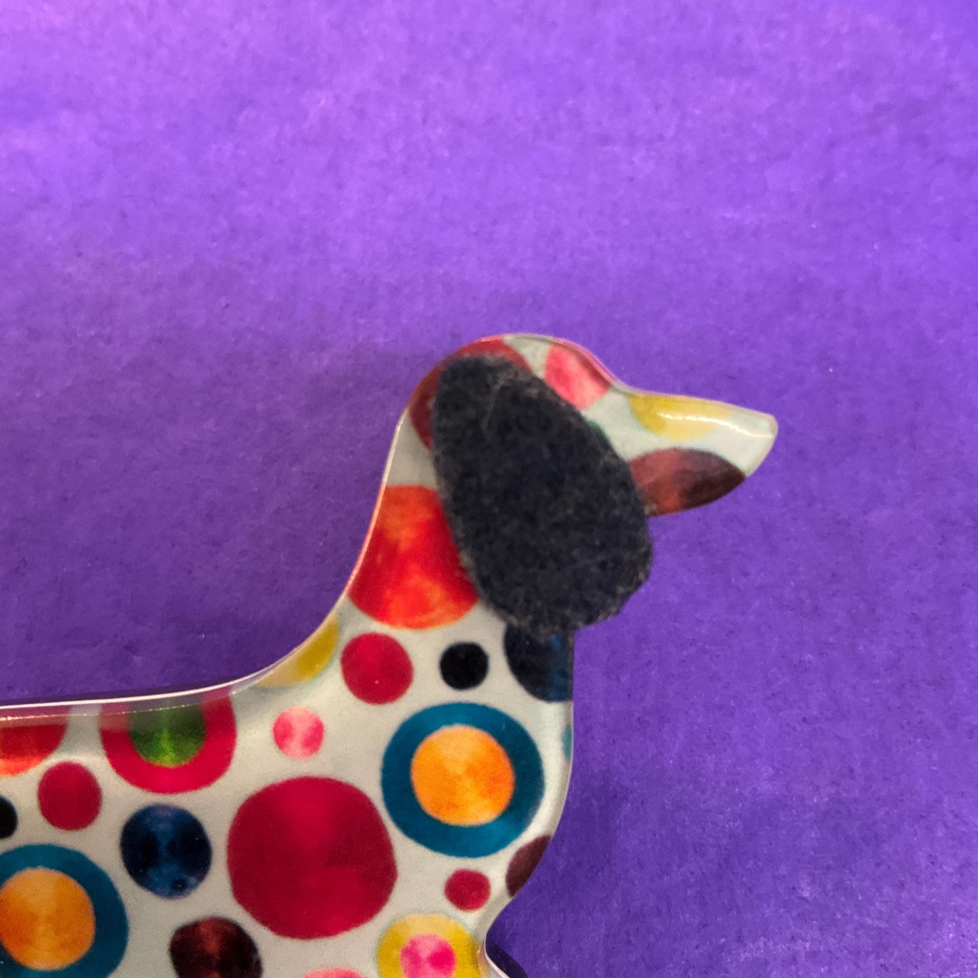 Vintage Art Deco Style Statement Dotty Dashund Brooch, multicoloured ditsy celluloid - Sustainable Fashion Gift