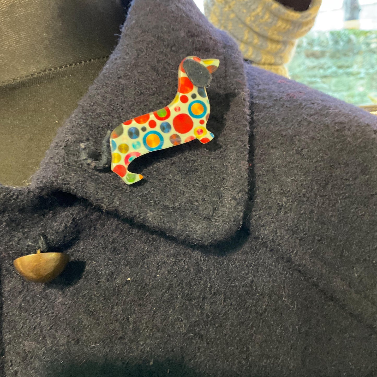 Vintage Art Deco Style Statement Dotty Dashund Brooch, multicoloured ditsy celluloid - Sustainable Fashion Gift