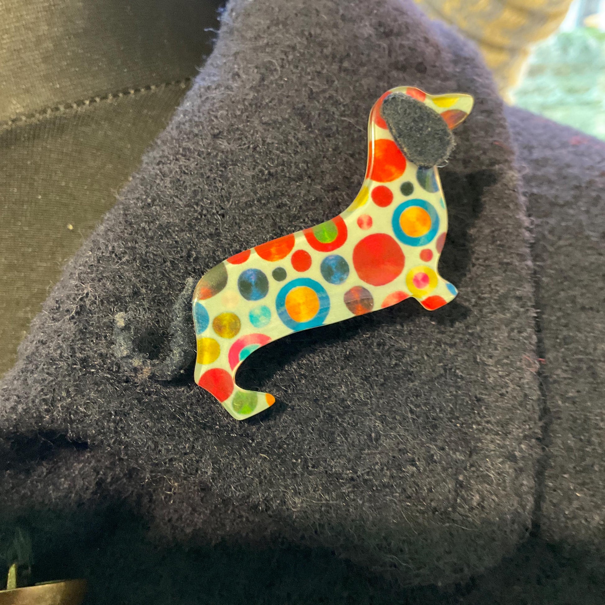 Vintage Art Deco Style Statement Dotty Dashund Brooch, multicoloured ditsy celluloid - Sustainable Fashion Gift