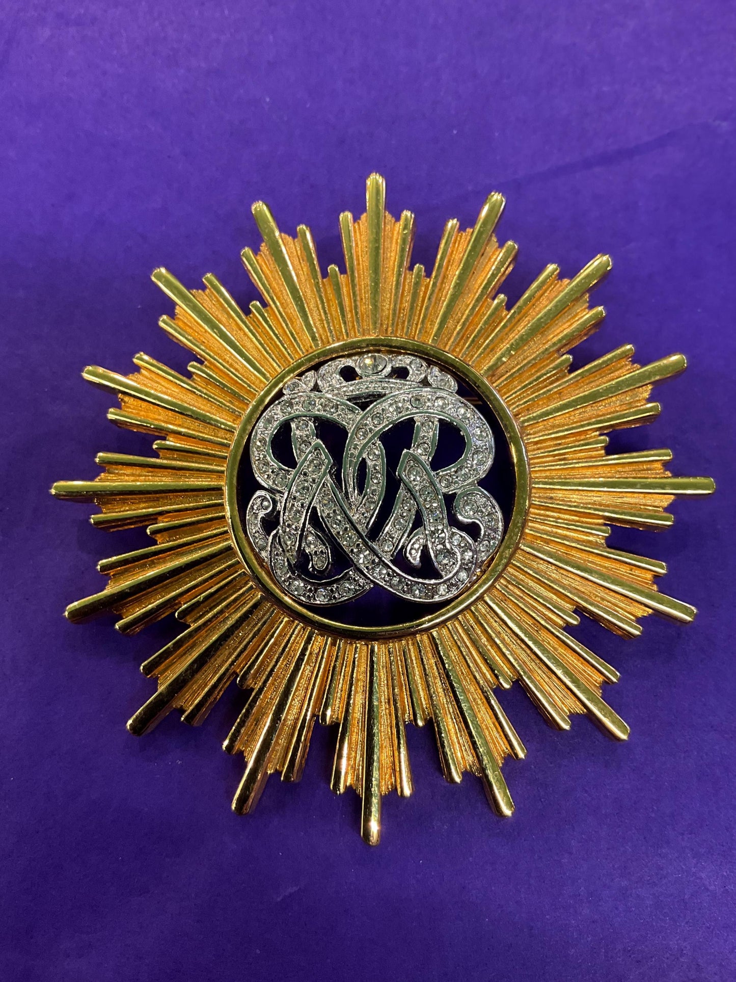 Vintage MONET ‘Burst’ Statement Crystal Brooch, Gold Tone Sunburst Design with Rhinestone Crystal Insignia - Sustainable Gift and Fashion