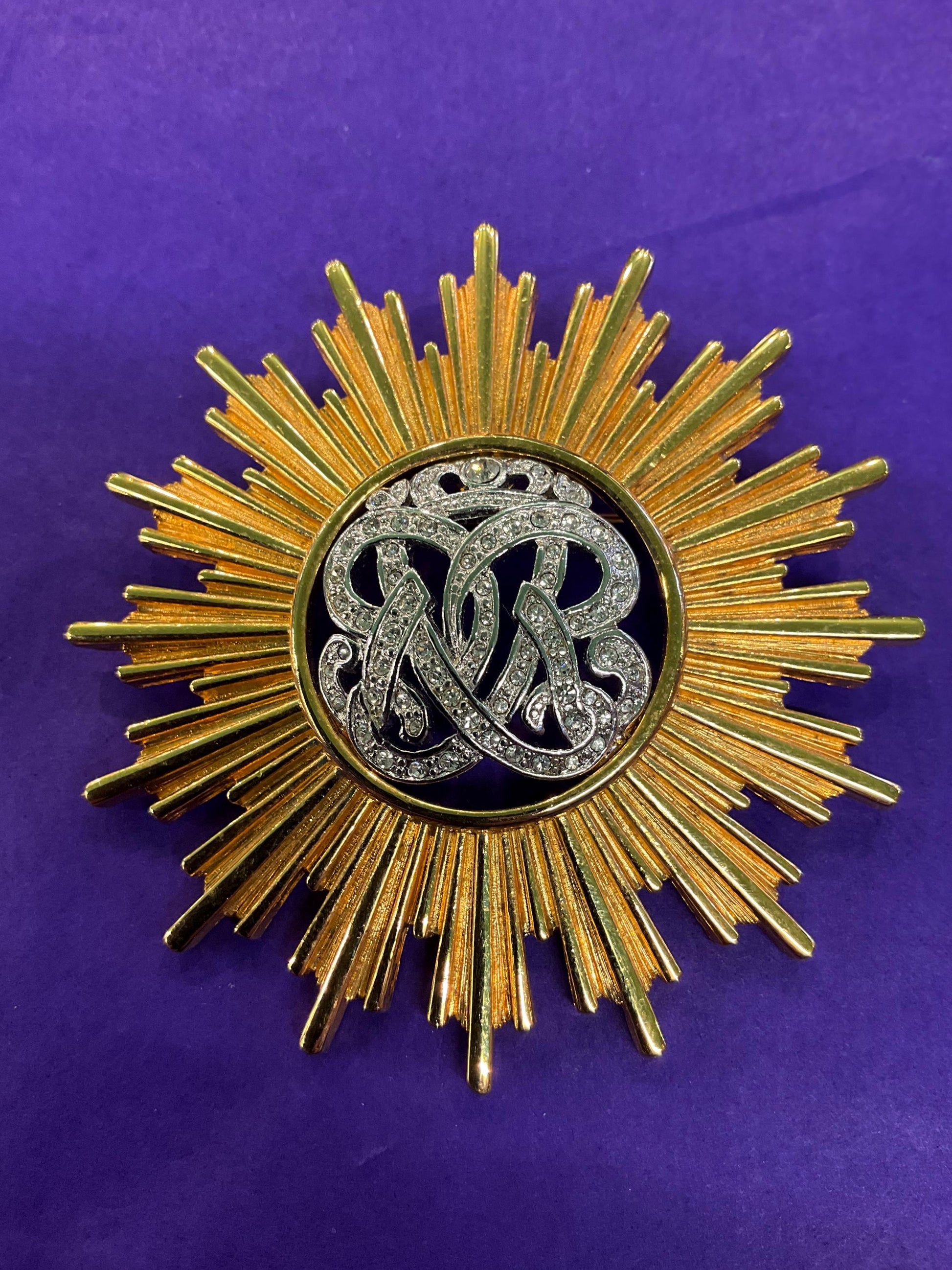 Vintage MONET ‘Burst’ Statement Crystal Brooch, Gold Tone Sunburst Design with Rhinestone Crystal Insignia - Sustainable Gift and Fashion