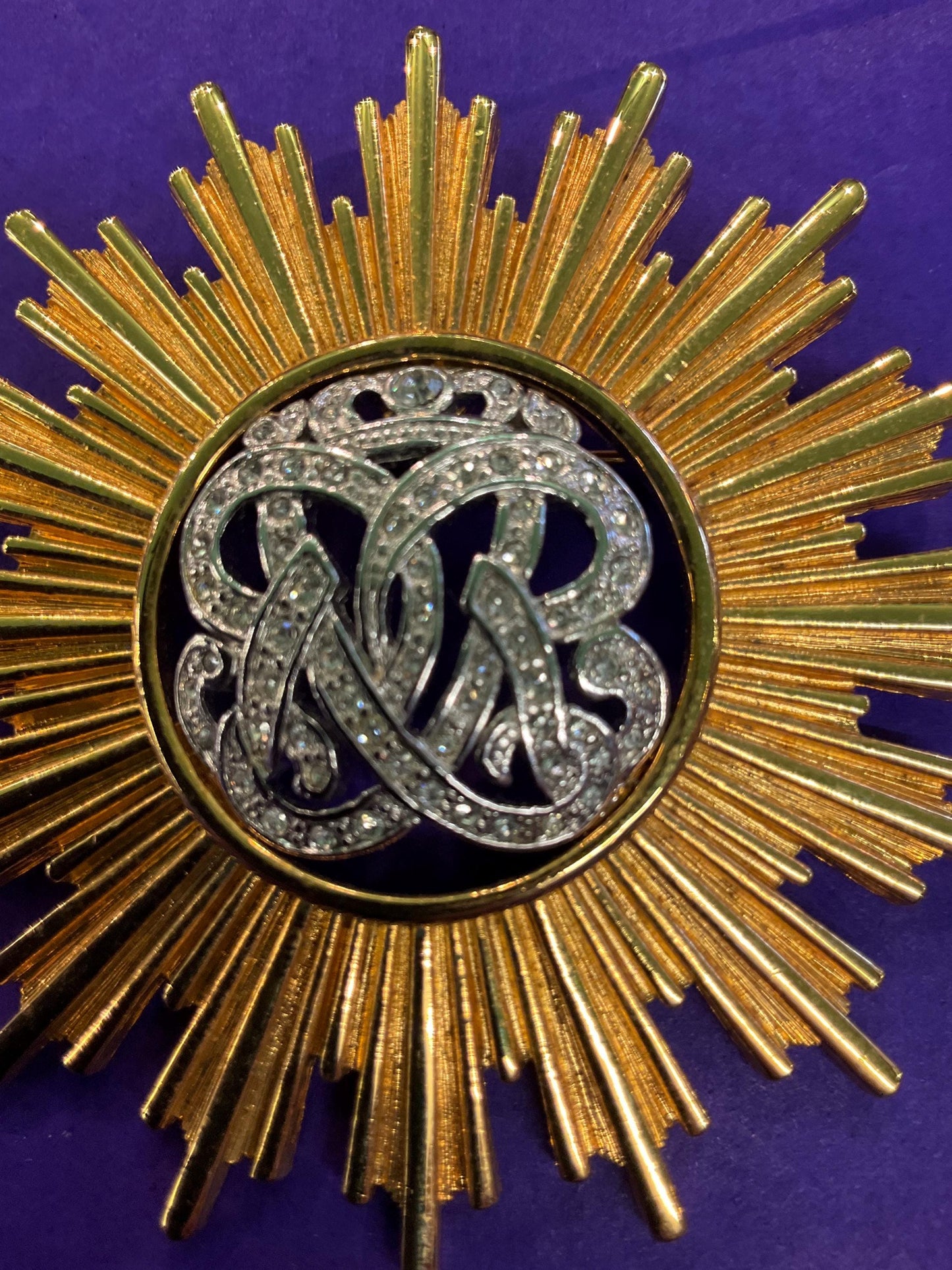 Vintage MONET ‘Burst’ Statement Crystal Brooch, Gold Tone Sunburst Design with Rhinestone Crystal Insignia - Sustainable Gift and Fashion