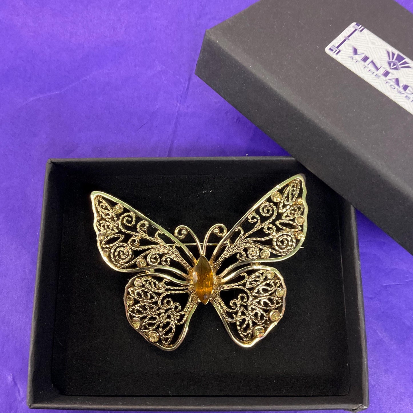 Vintage MONET 1980s Gold Tone Filigree Butterflt with Amber Coloured Crystal - Sustainable Fashion Gift