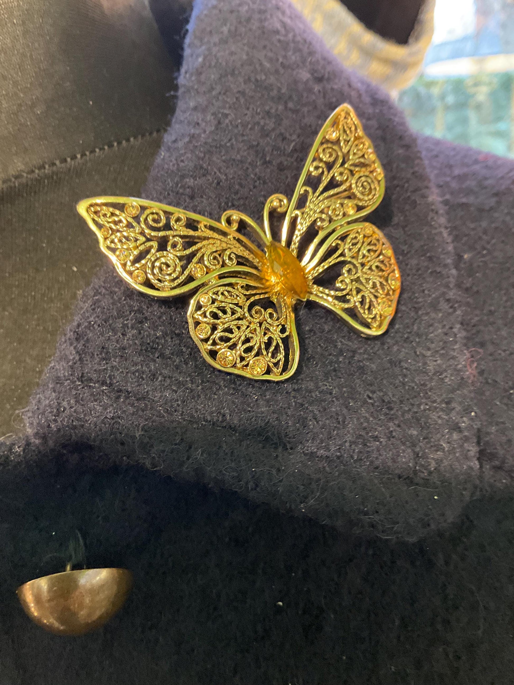 Vintage MONET 1980s Gold Tone Filigree Butterflt with Amber Coloured Crystal - Sustainable Fashion Gift