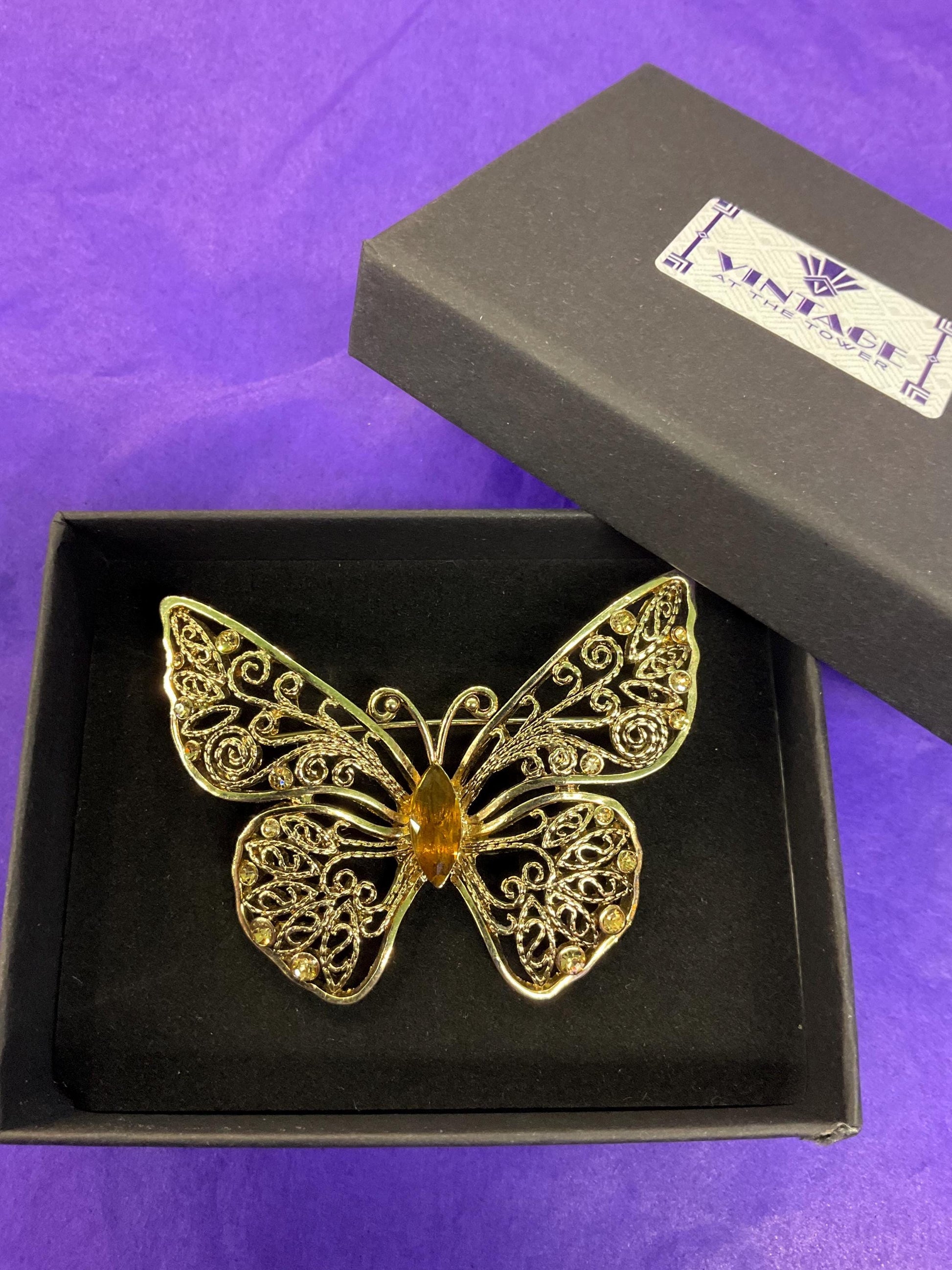 Vintage MONET 1980s Gold Tone Filigree Butterflt with Amber Coloured Crystal - Sustainable Fashion Gift