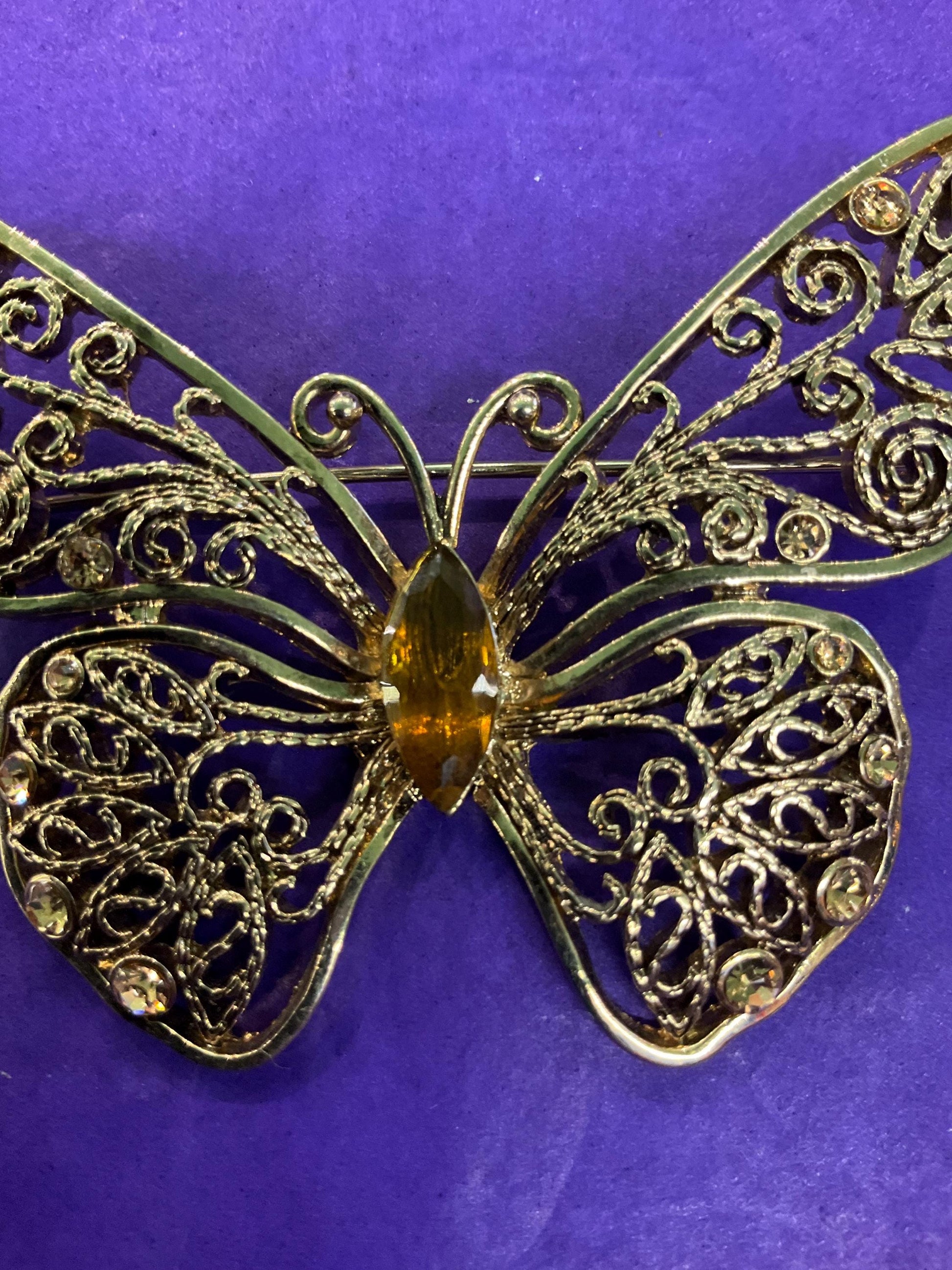 Vintage MONET 1980s Gold Tone Filigree Butterflt with Amber Coloured Crystal - Sustainable Fashion Gift