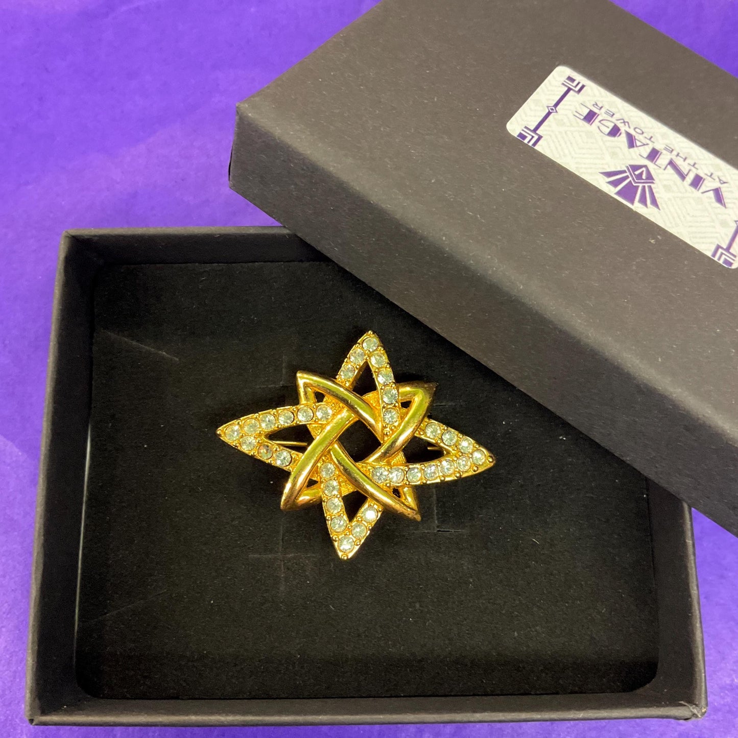 Vintage MONET 1960s Atomic Star Crystal Brooch, Gold Tone with Silver Rhinestones - Sustainable Fashion Gift