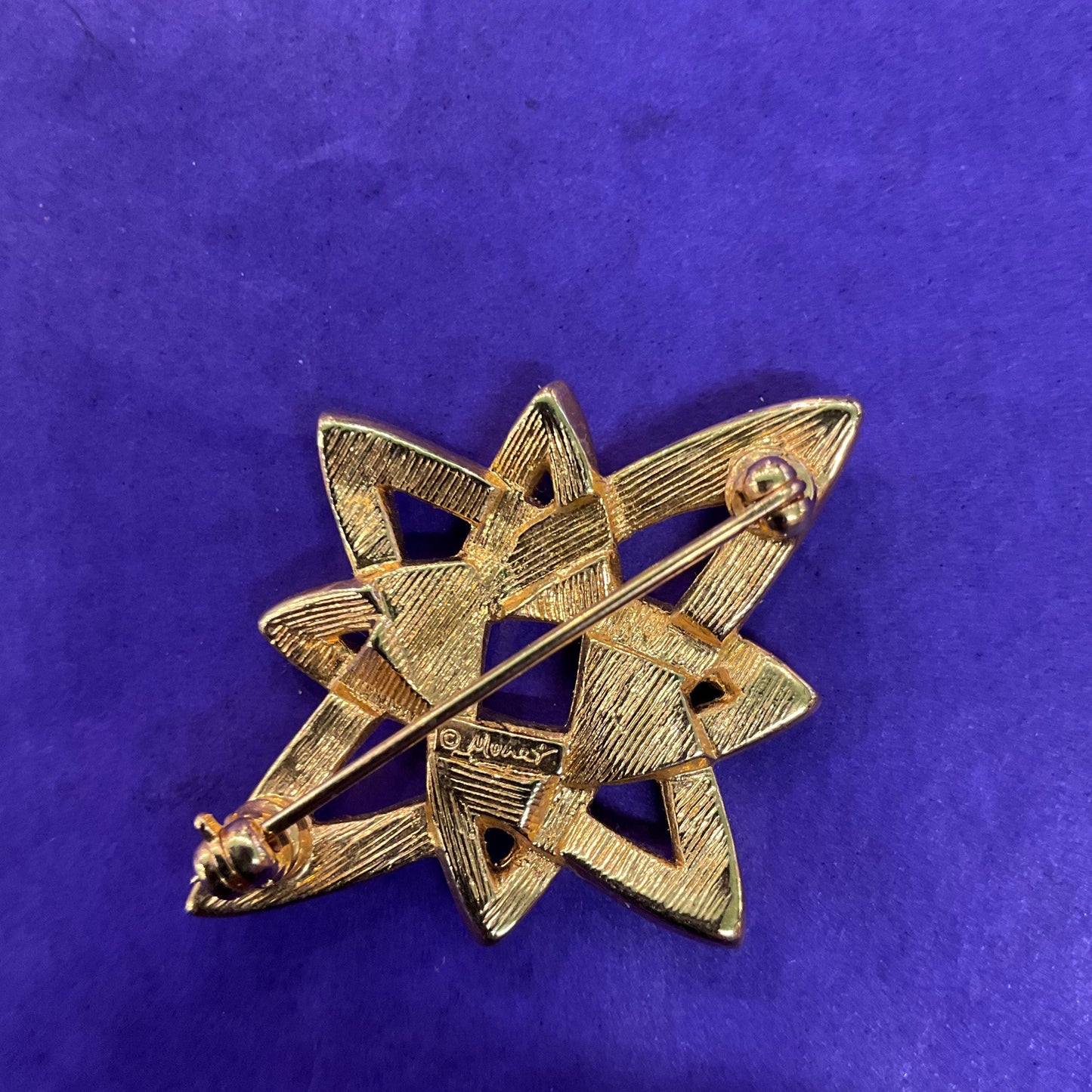 Vintage MONET 1960s Atomic Star Crystal Brooch, Gold Tone with Silver Rhinestones - Sustainable Fashion Gift