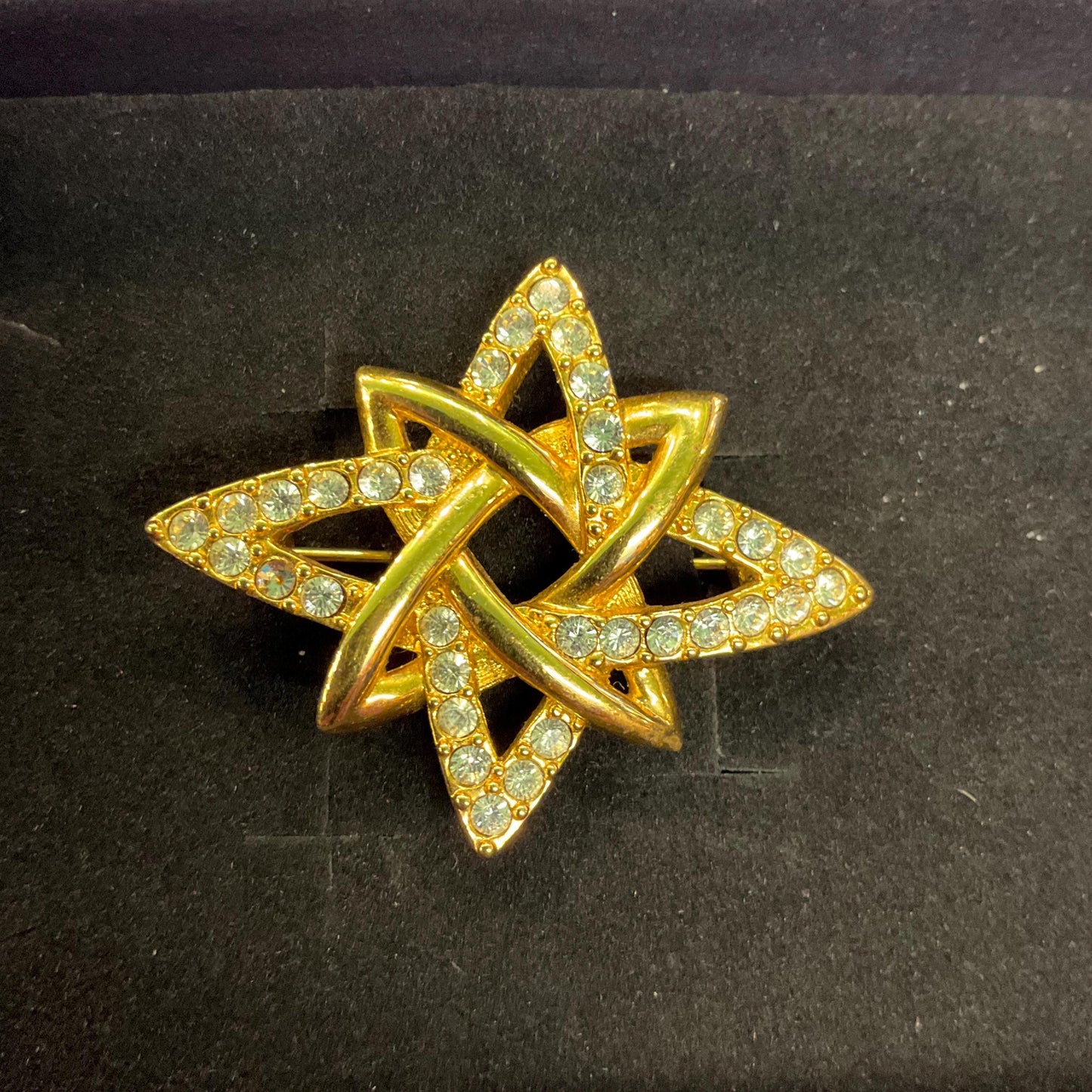 Vintage MONET 1960s Atomic Star Crystal Brooch, Gold Tone with Silver Rhinestones - Sustainable Fashion Gift