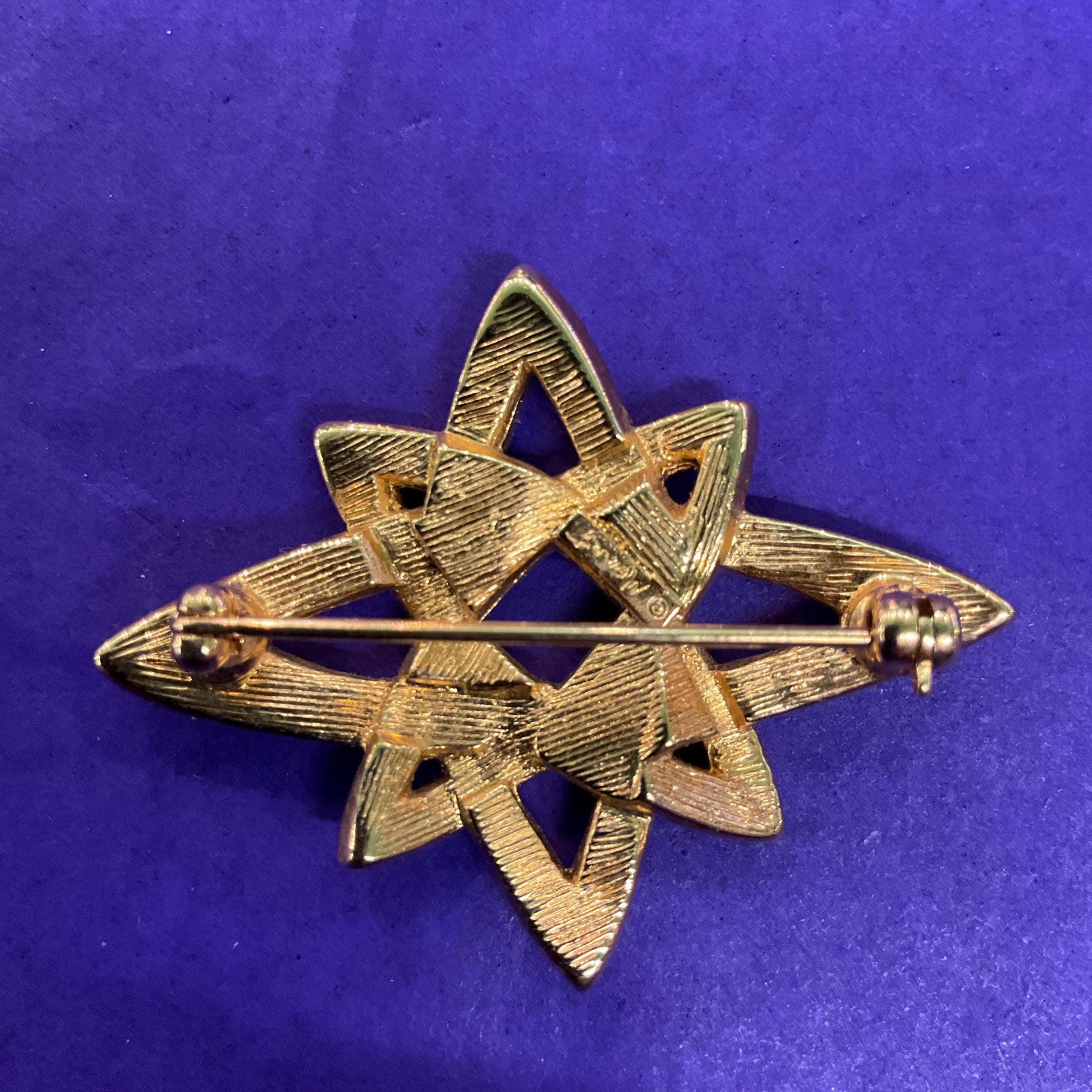 Vintage MONET 1960s Atomic Star Crystal Brooch, Gold Tone with Silver Rhinestones - Sustainable Fashion Gift