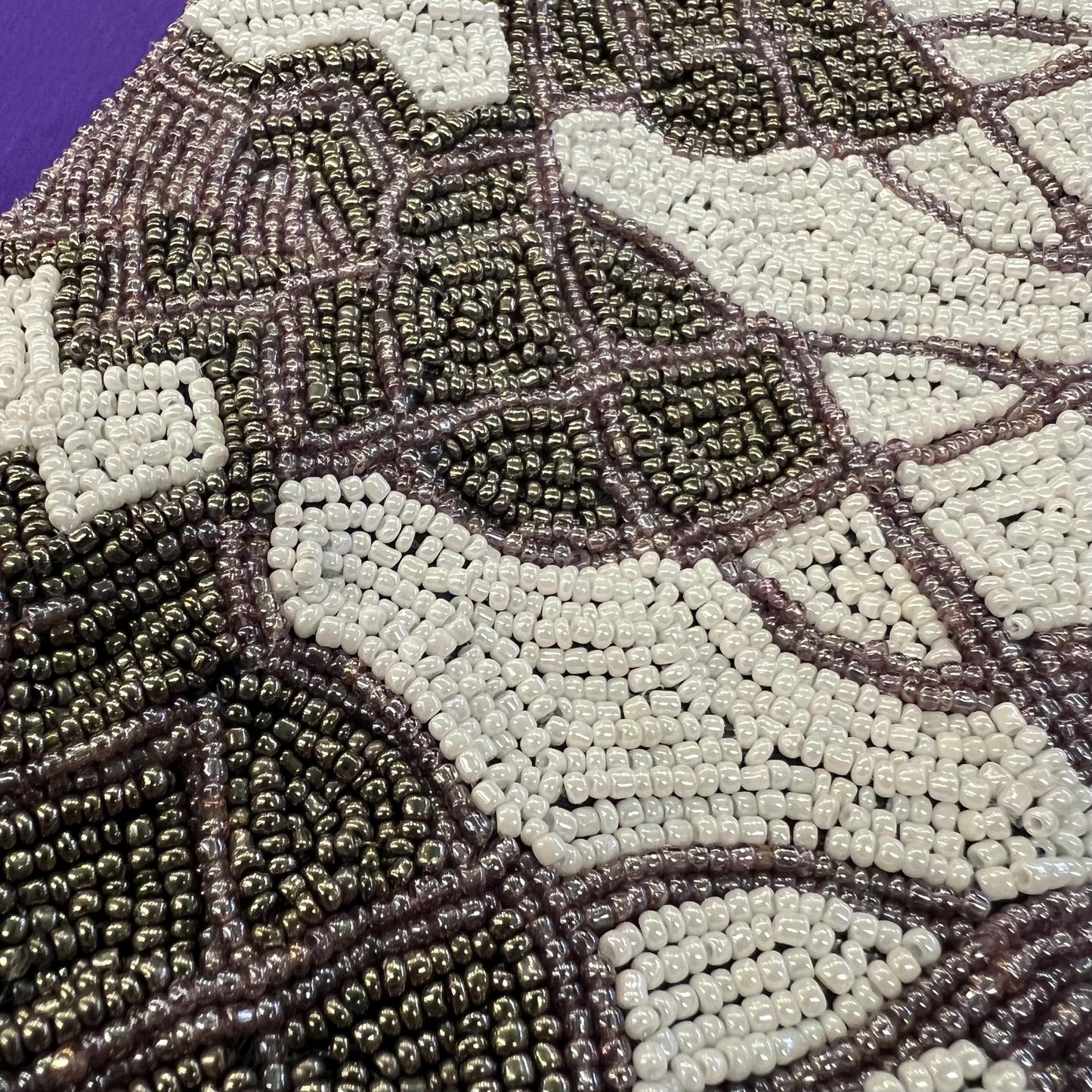 Vintage Beaded Clutch Bag by LUNA LLENA with ivory, mauve and old gold seed beads - Sustainable Fashion and Gifts