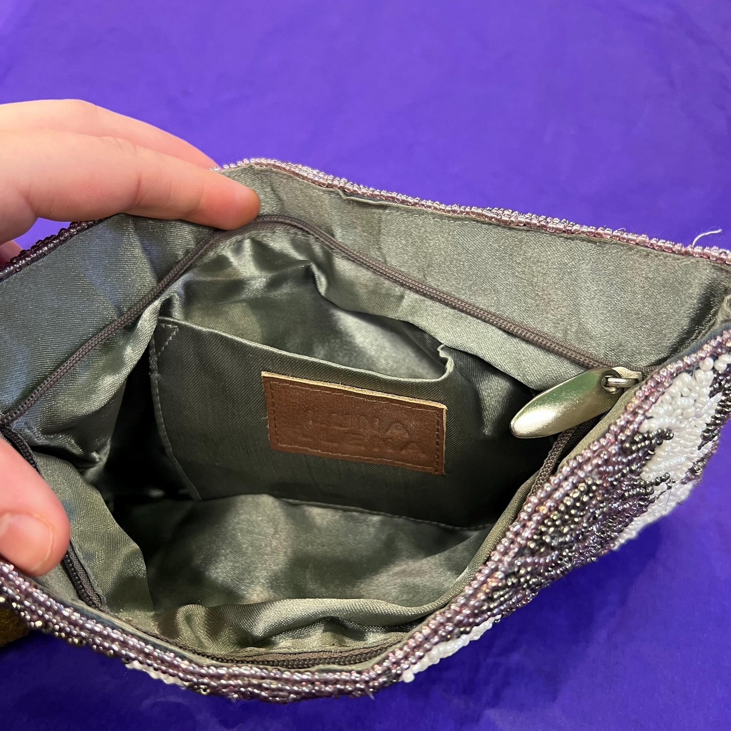 Vintage Beaded Clutch Bag by LUNA LLENA with ivory, mauve and old gold seed beads - Sustainable Fashion and Gifts