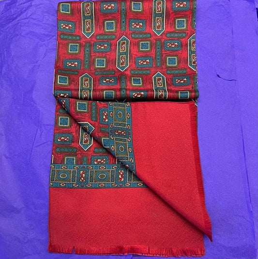 Vintage 1960s Gents Tricel Geometric Paisley Double Sided Fringed Scarf - Sustainable Fashion and Gift