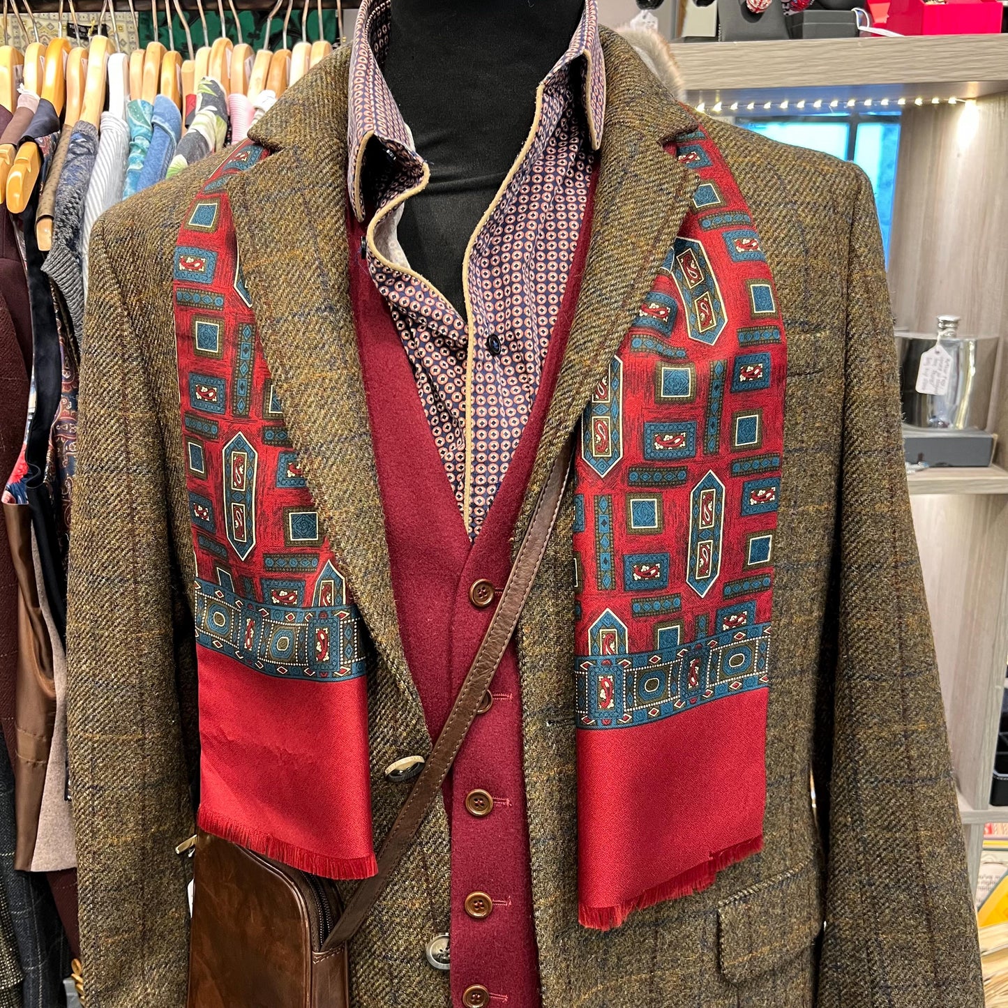 Vintage 1960s Gents Tricel Geometric Paisley Double Sided Fringed Scarf - Sustainable Fashion and Gift