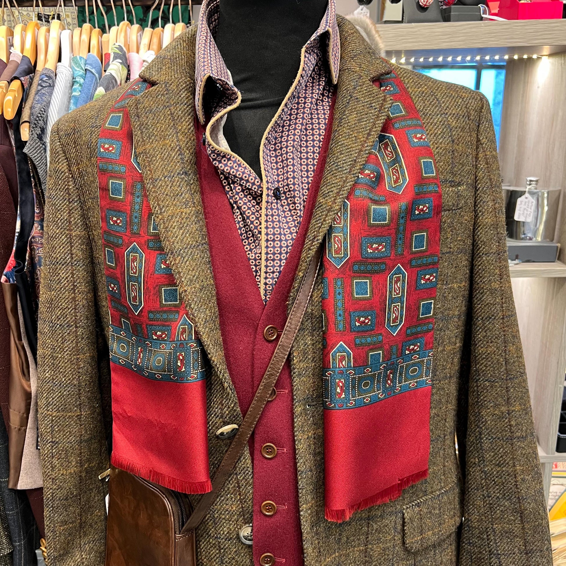 Vintage 1960s Gents Tricel Geometric Paisley Double Sided Fringed Scarf - Sustainable Fashion and Gift