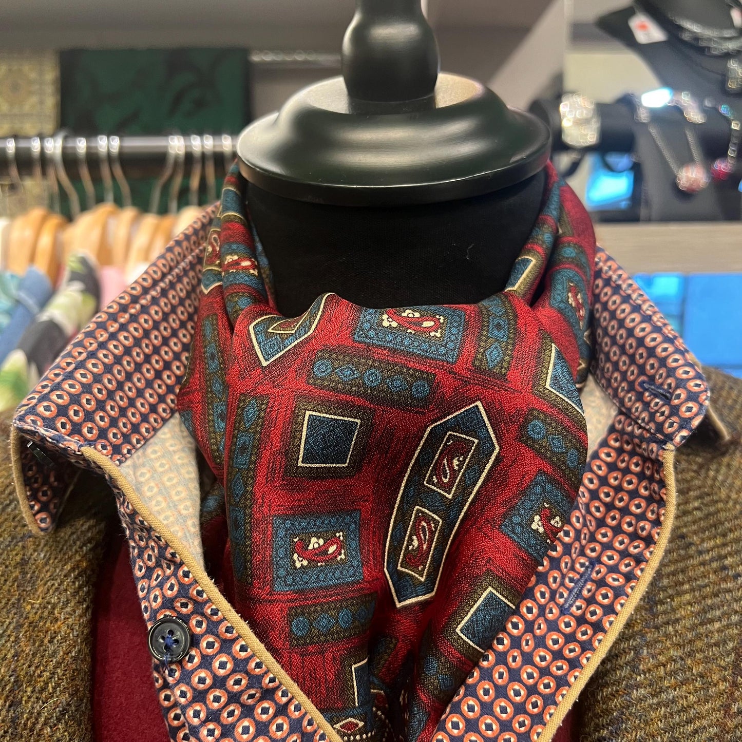 Vintage 1960s Gents Tricel Geometric Paisley Double Sided Fringed Scarf - Sustainable Fashion and Gift