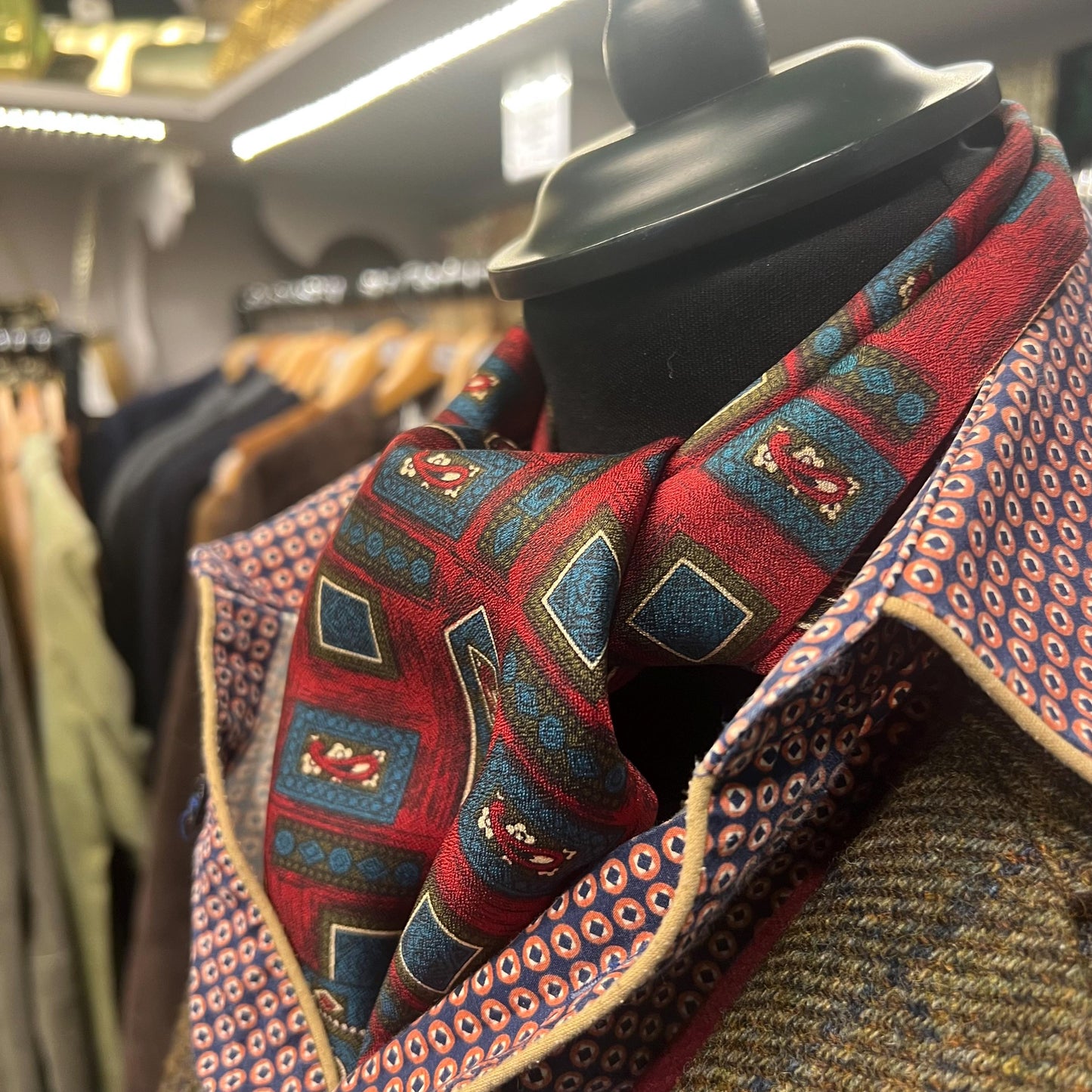Vintage 1960s Gents Tricel Geometric Paisley Double Sided Fringed Scarf - Sustainable Fashion and Gift