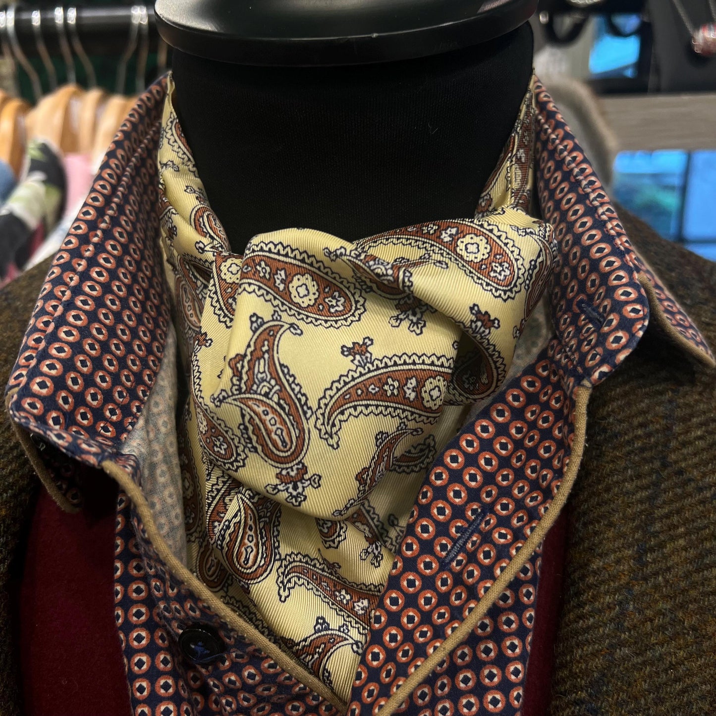 Vintage 1960s SAMMY Rayon Paisley Cravat, Brown and Black onto Pale Gold background - Sustainable Fashion and Gift