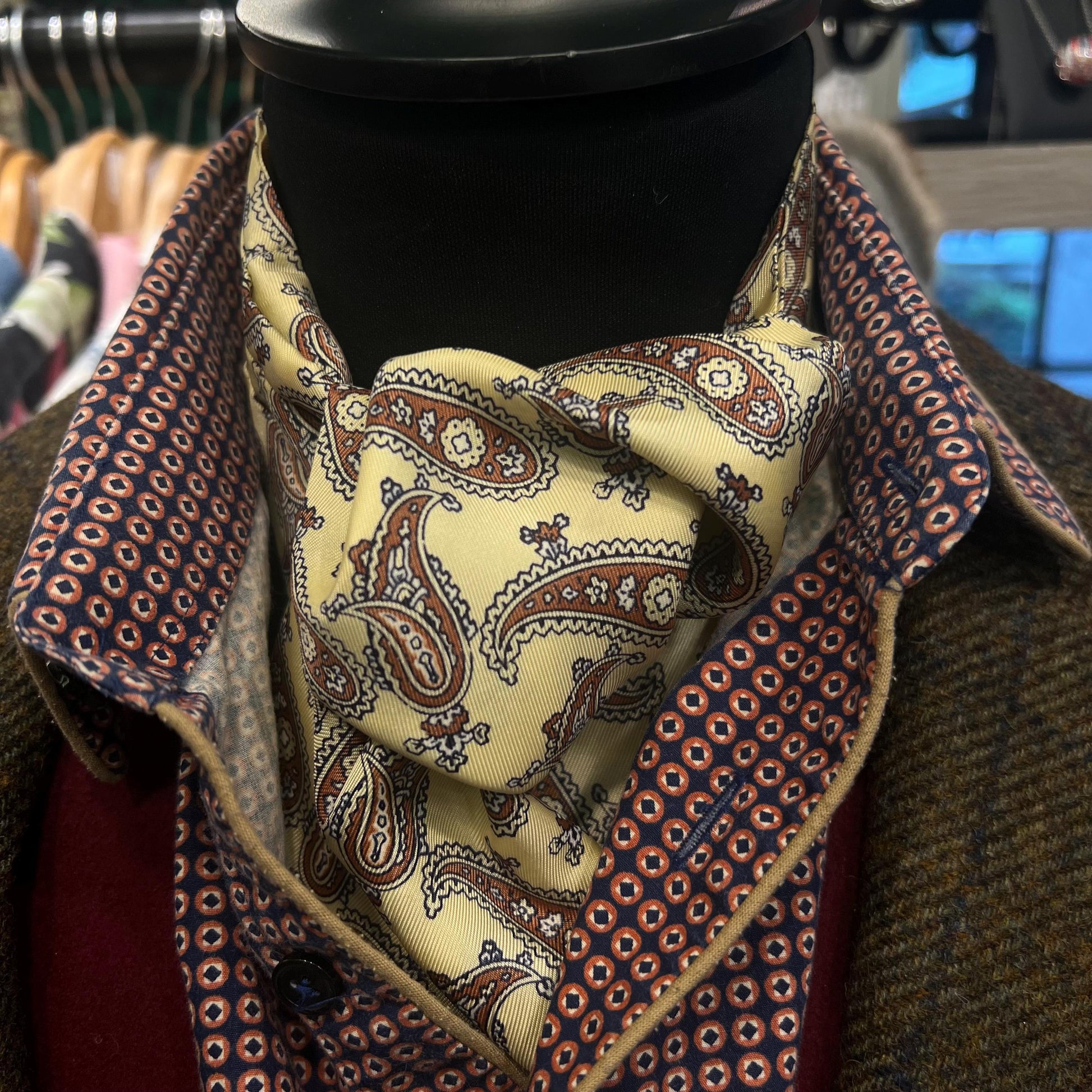 Vintage 1960s SAMMY Rayon Paisley Cravat, Brown and Black onto Pale Gold background - Sustainable Fashion and Gift