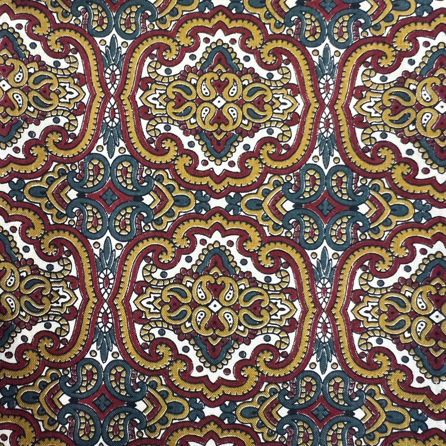 Vintage 1960/70s Gents Cotton Paisley Cravat in Gold, Maroon, and Blue on White Background - Sustainable Fashion and Gift