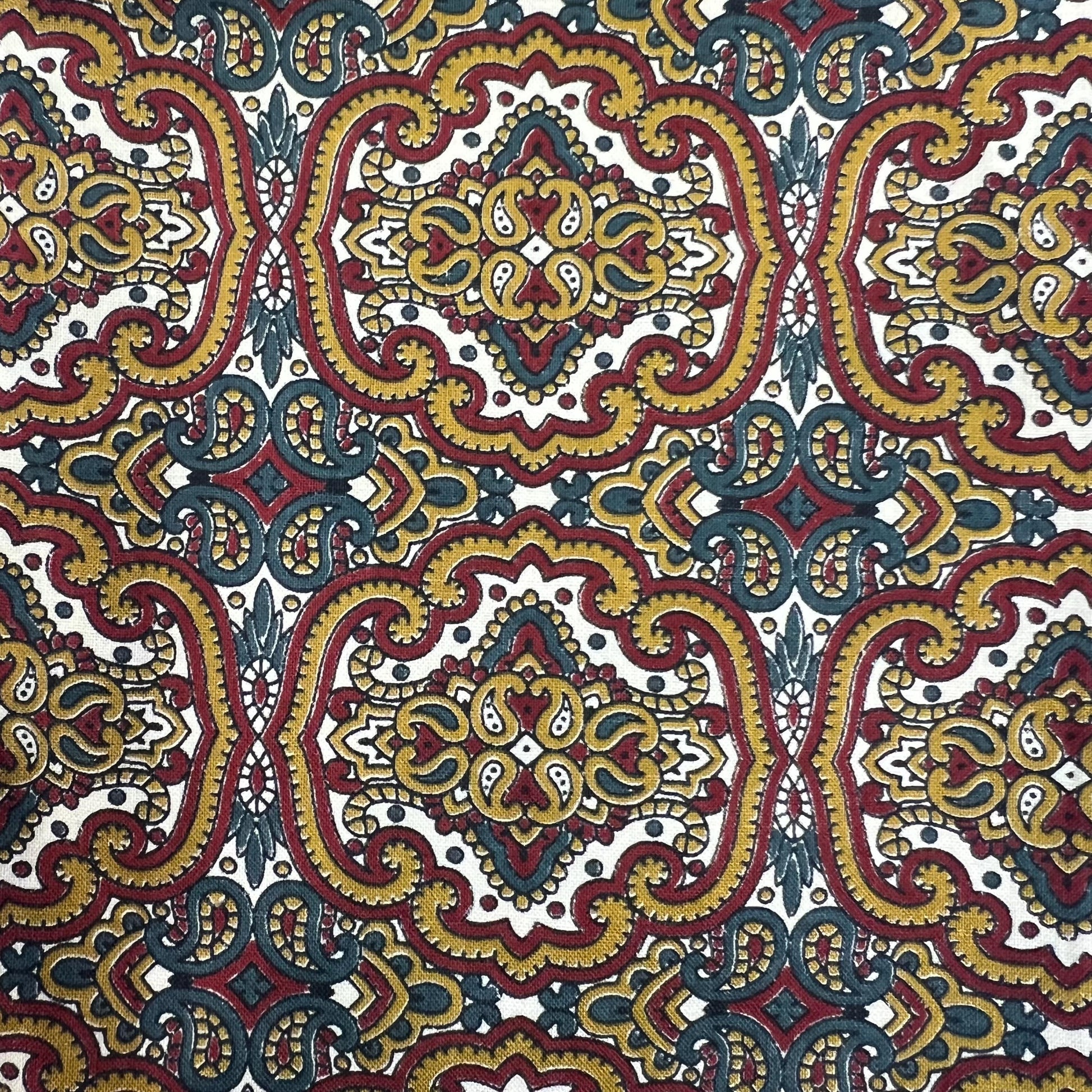 Vintage 1960/70s Gents Cotton Paisley Cravat in Gold, Maroon, and Blue on White Background - Sustainable Fashion and Gift
