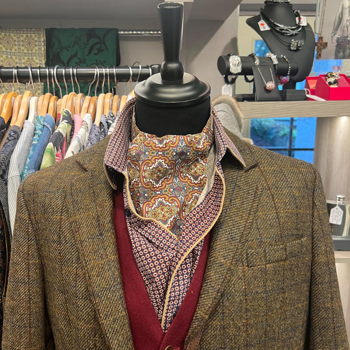 Vintage 1960/70s Gents Cotton Paisley Cravat in Gold, Maroon, and Blue on White Background - Sustainable Fashion and Gift