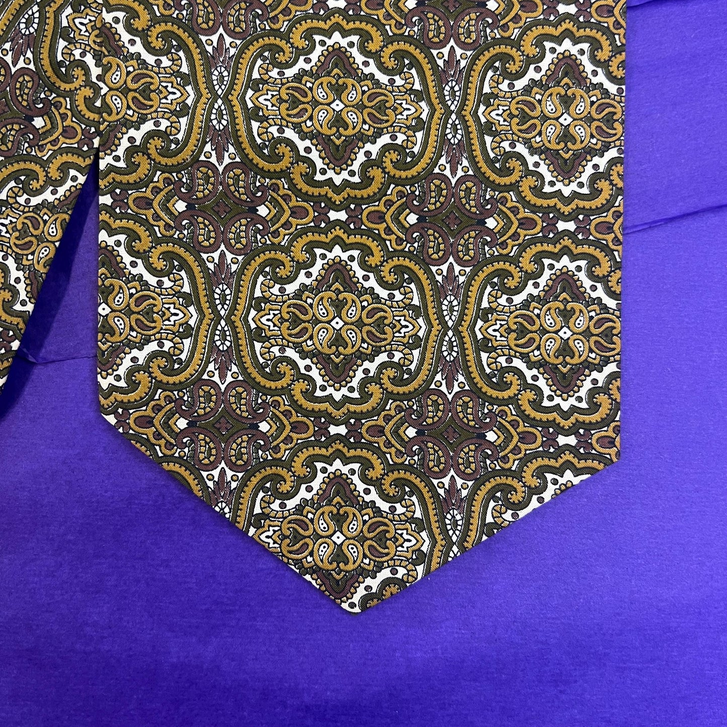 Vintage 1970s Gents Traditional Cotton Paisley Cravat in Gold, Brown, Green on a White Background - Sustainable Fashion and Gift
