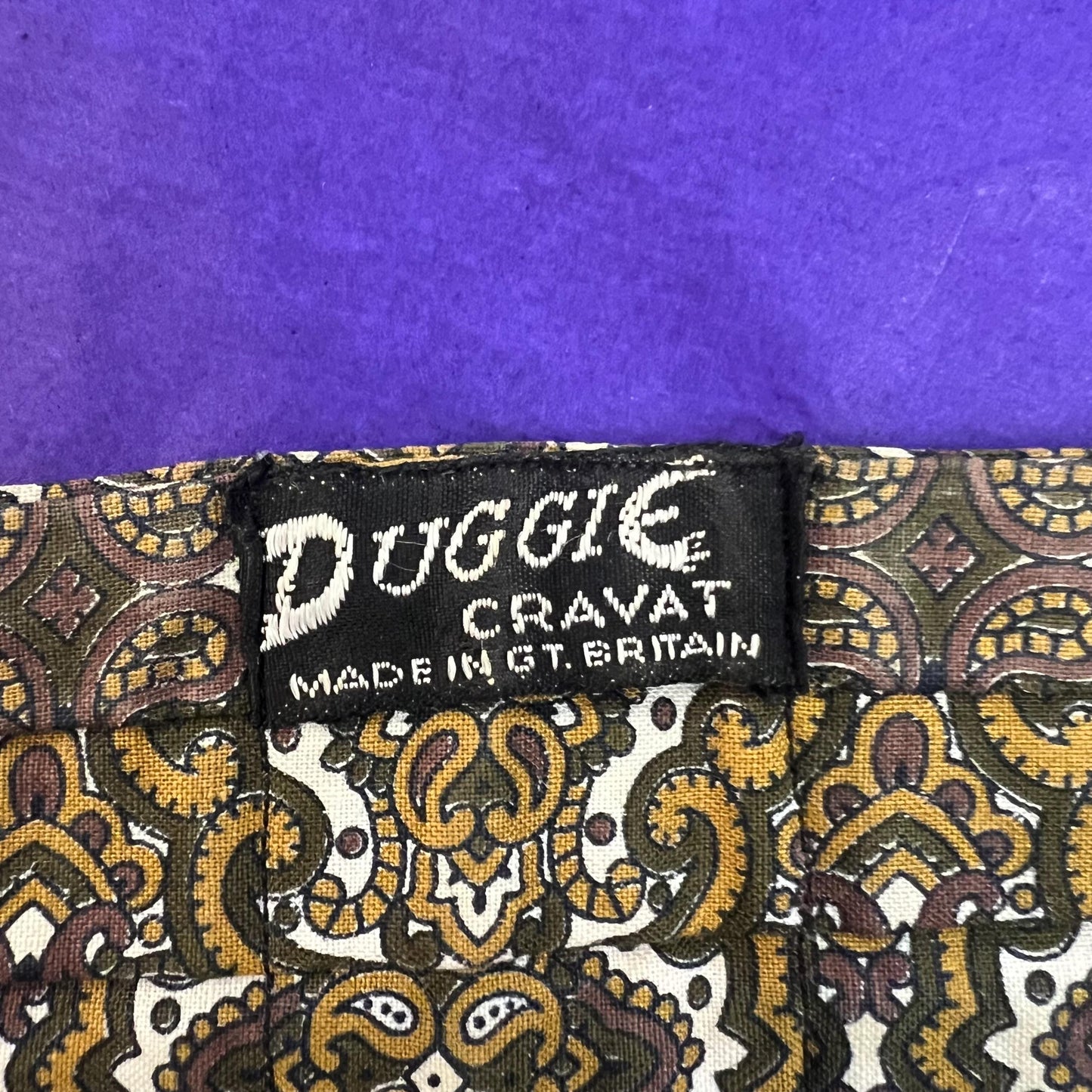 Vintage 1970s Gents Traditional Cotton Paisley Cravat in Gold, Brown, Green on a White Background - Sustainable Fashion and Gift