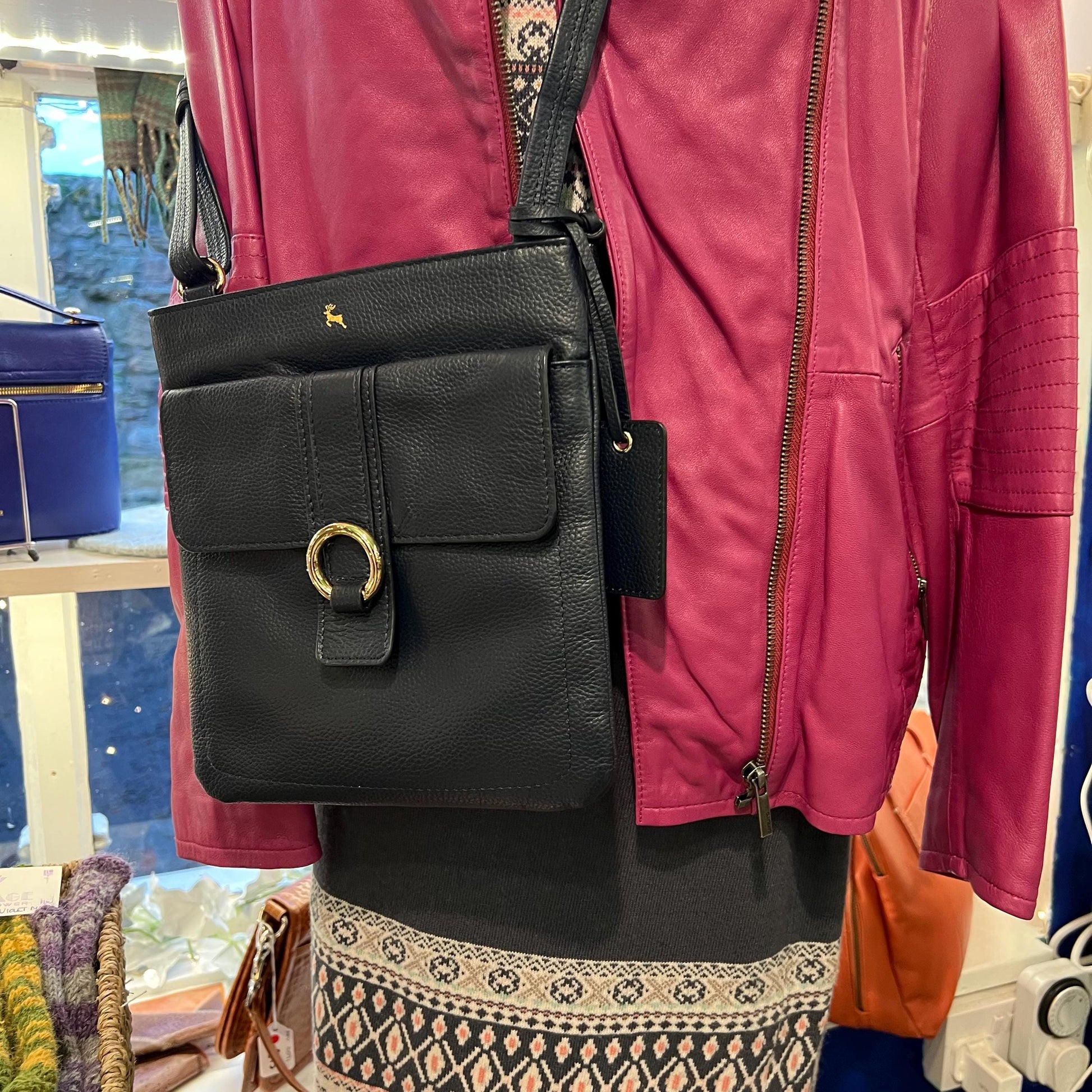 Vintage Ashwood Navy Blue Textured Leather Crossbody / Shoulder Bag - Sustainable Fashion and Gift
