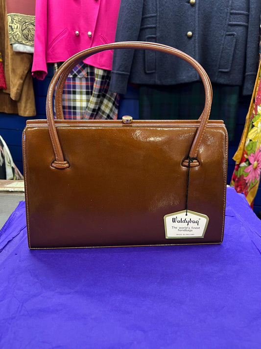 Vintage 1960s Large Chestnut Brown Patent Leather Kelly Style Bag by WALDYBAG, in original box. Sustainable Fashion and Gift