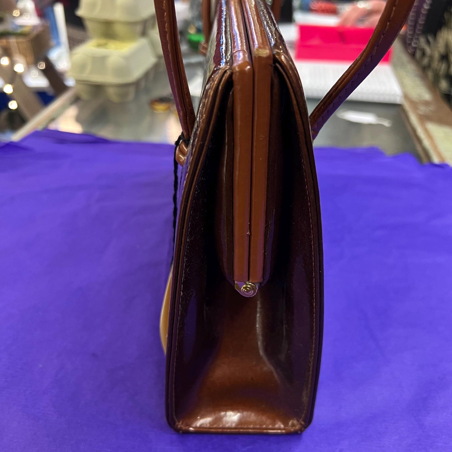 Vintage 1960s Large Chestnut Brown Patent Leather Kelly Style Bag by WALDYBAG, in original box. Sustainable Fashion and Gift