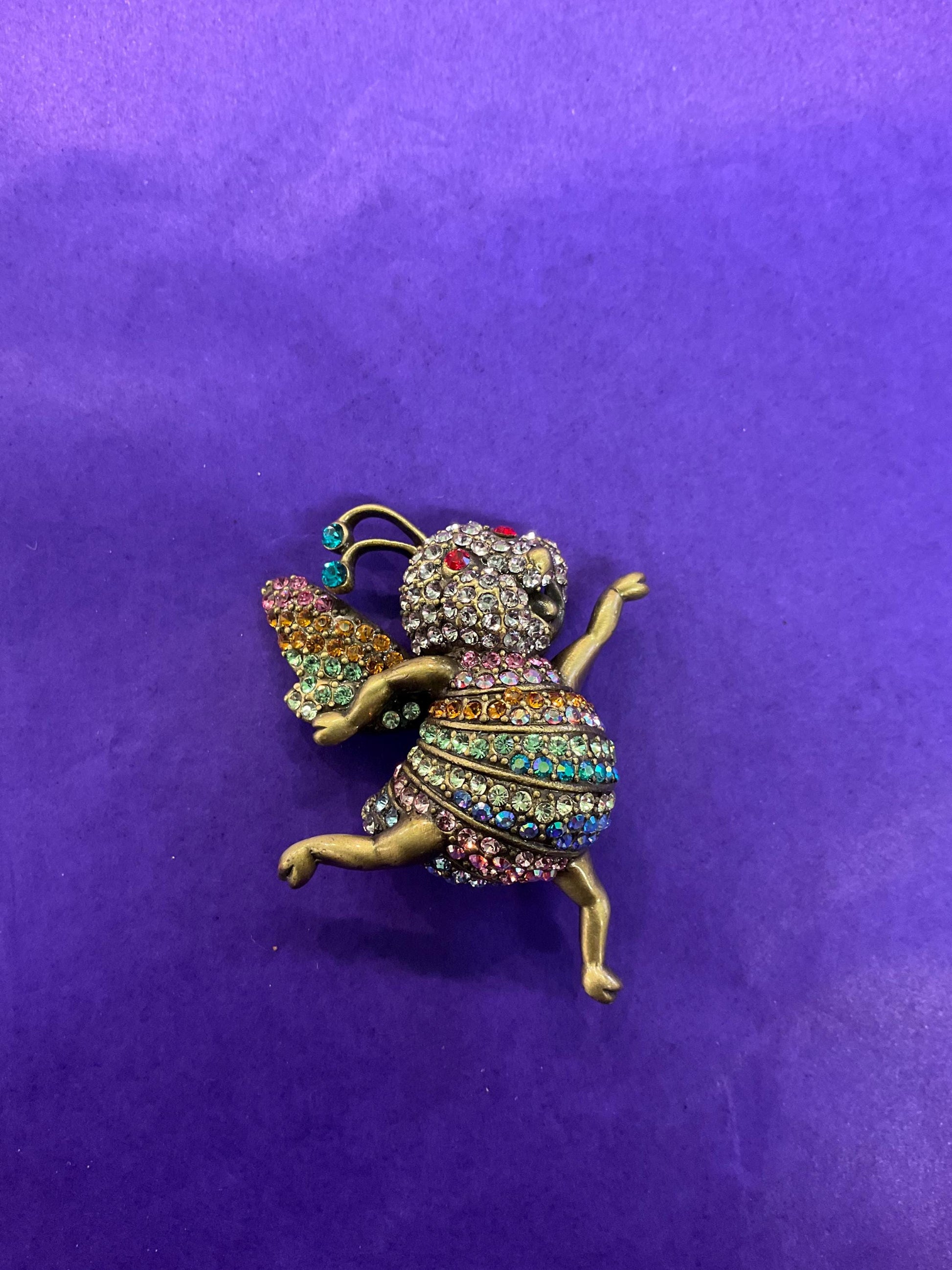 Vintage Butler and Wilson Crystal Dancing Bee Brooch, Old gold tone with pastel Ombré rhinestones