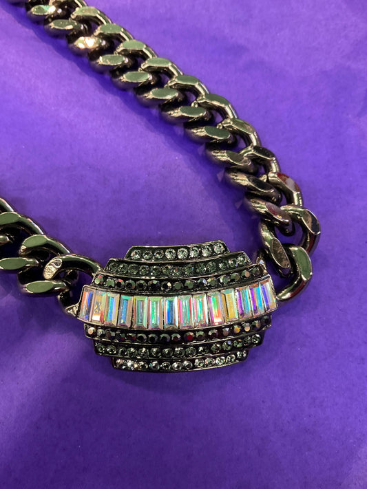 Vintage Butler and Wilson Statement Pewter tone Crystal necklace, Aurora Borealis Crystals and Chunky Pewter Tone Chain