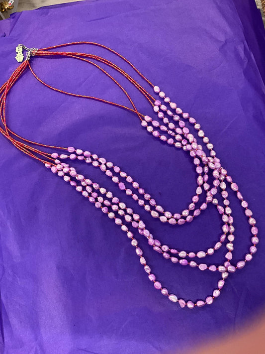 Vintage Butler and Wilson Fresh Water Pearl multistrand long layered statement necklace, lilac dyed organic pearls