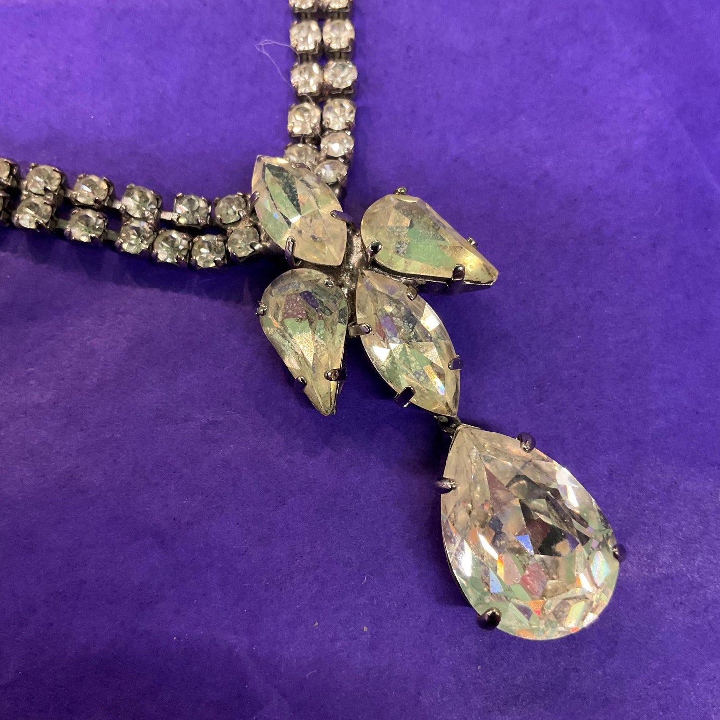 Vintage 1950s Art Deco Style Silver Crystal Drop Necklace, rhinestone crystals with statement pendant style drop