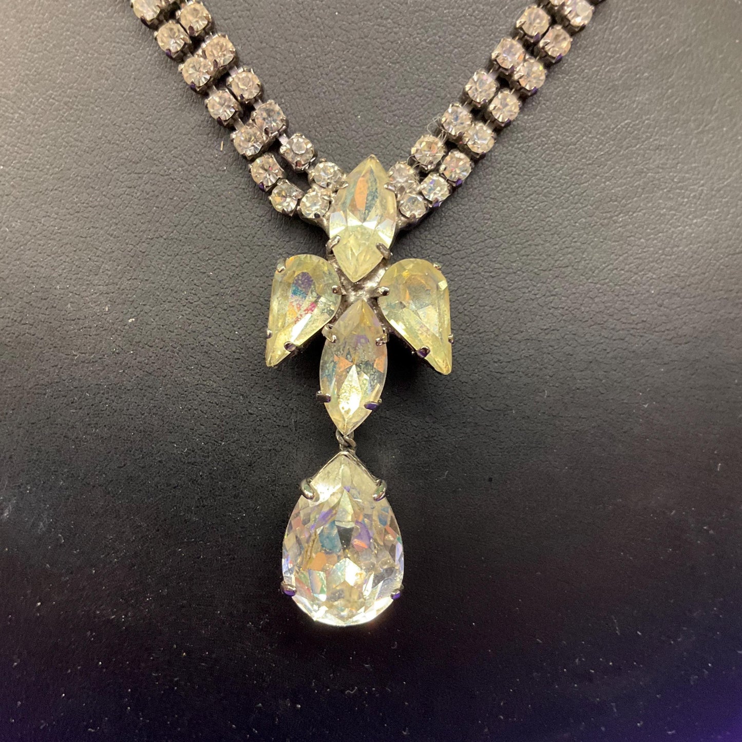 Vintage 1950s Art Deco Style Silver Crystal Drop Necklace, rhinestone crystals with statement pendant style drop