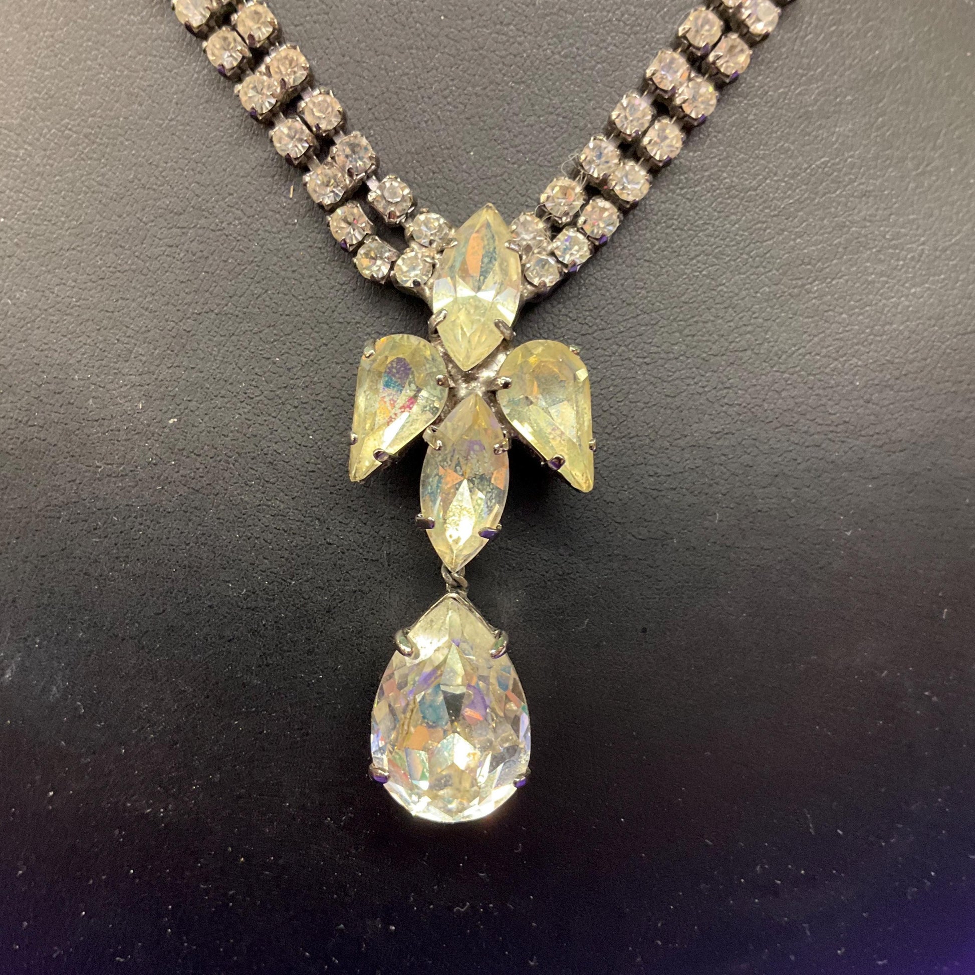 Vintage 1950s Art Deco Style Silver Crystal Drop Necklace, rhinestone crystals with statement pendant style drop