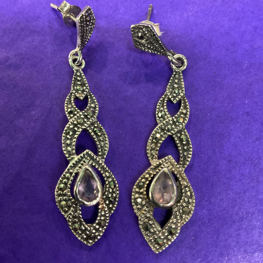 Vintage Art Noveau Silver, Marcasite and Amethyst Crystal Long Drop Earrings - Sustainable Style and Gifting
