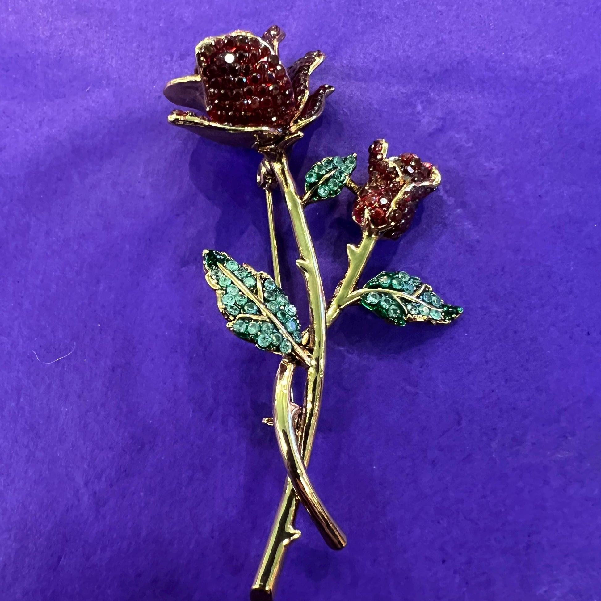Vintage Butler and Wilson Red Rose Crystal Brooch, gold tone metal with rhinestones