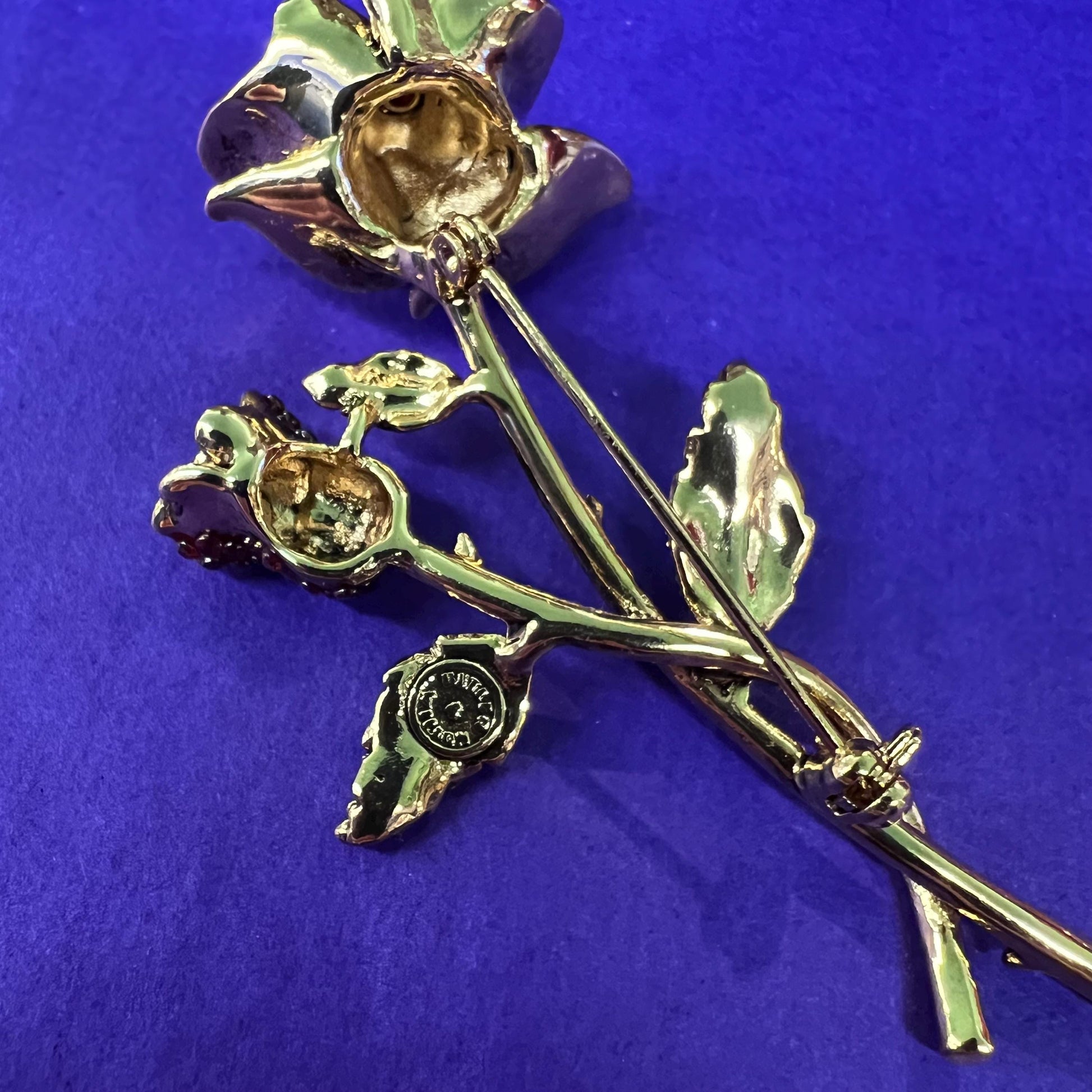 Vintage Butler and Wilson Red Rose Crystal Brooch, gold tone metal with rhinestones